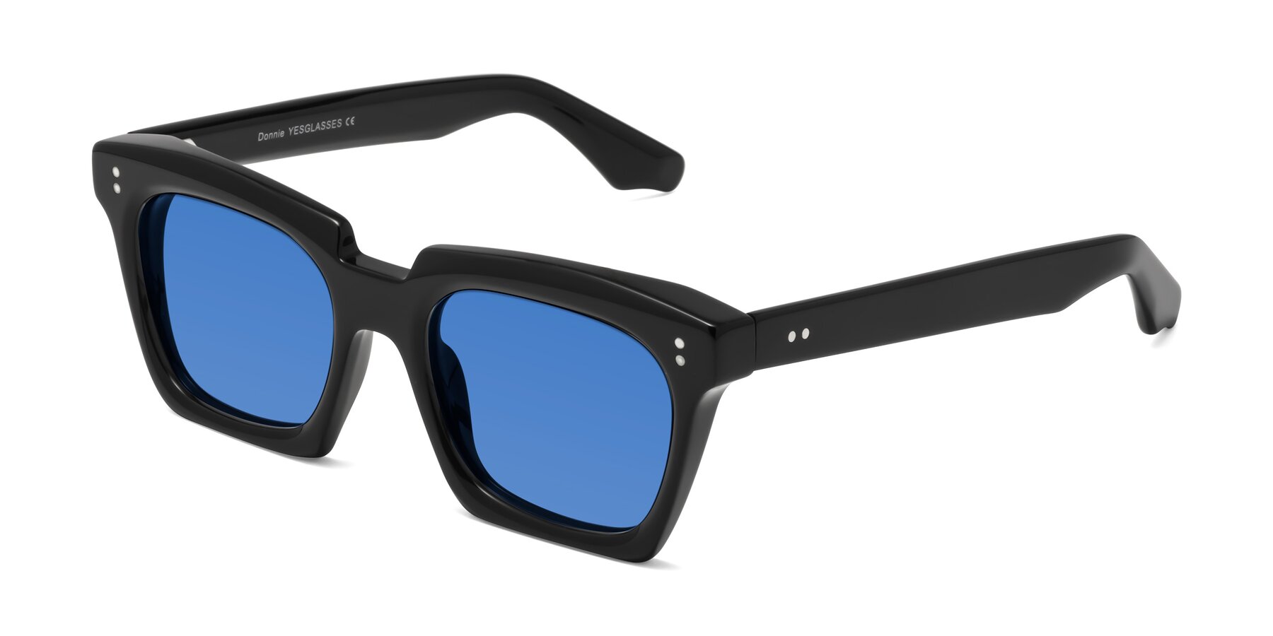 Angle of Donnie in Black with Blue Tinted Lenses