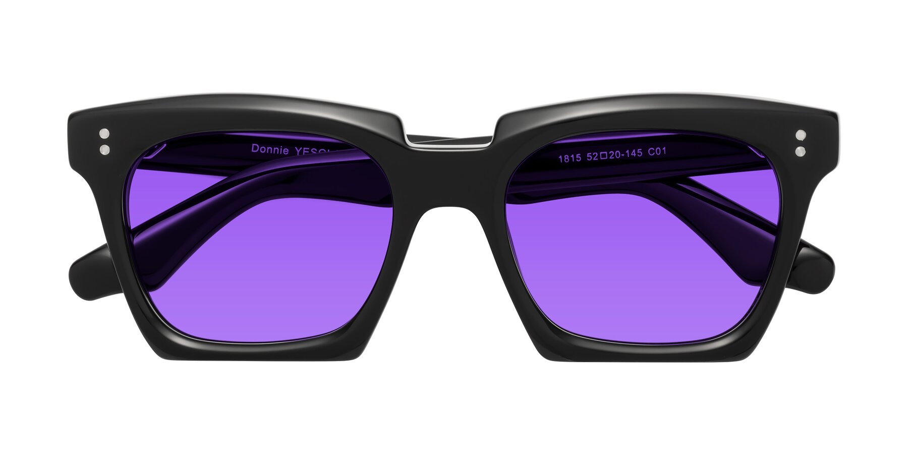Folded Front of Donnie in Black with Purple Tinted Lenses