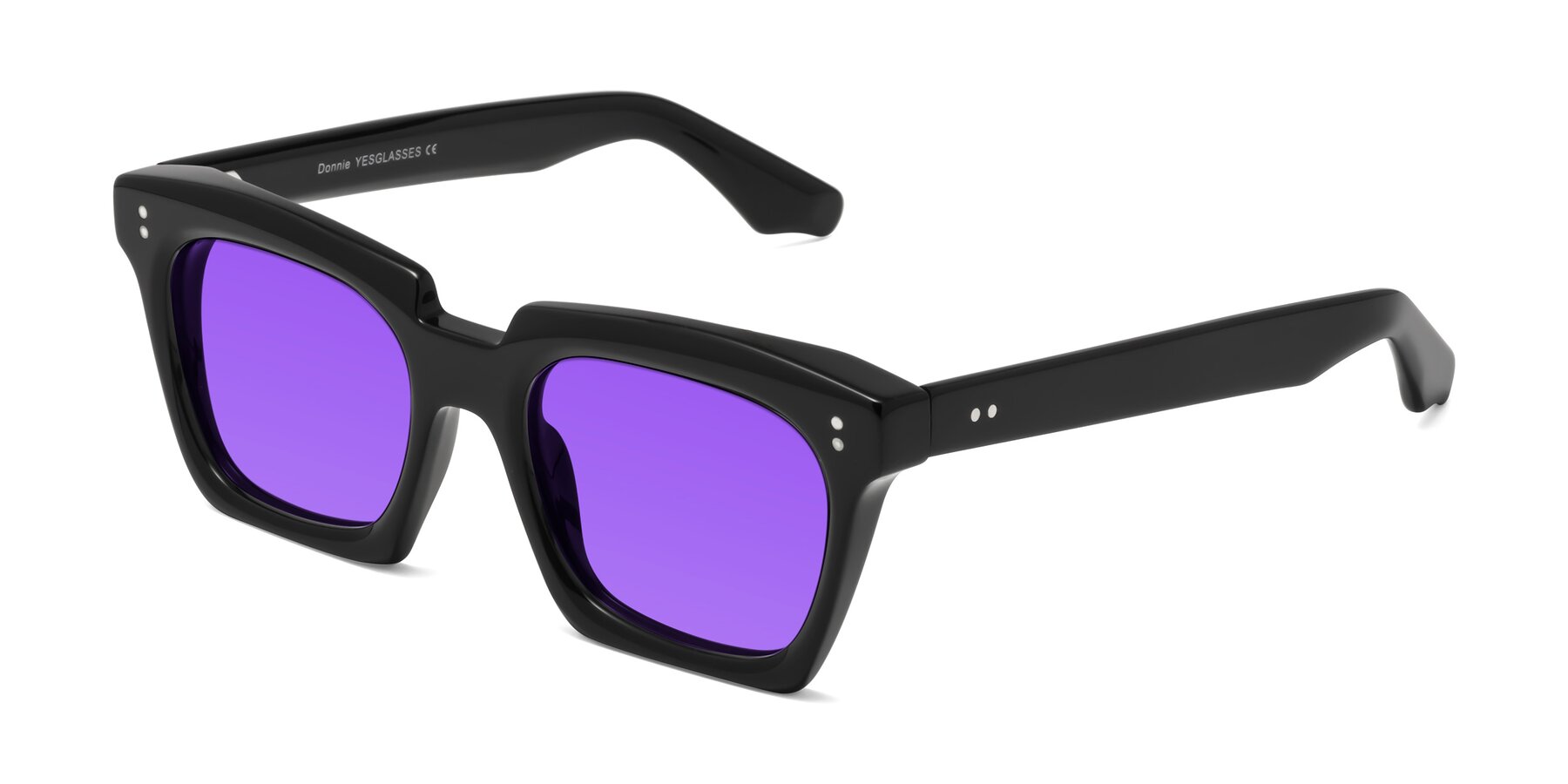 Angle of Donnie in Black with Purple Tinted Lenses