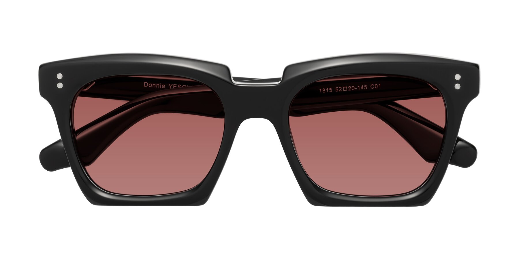 Folded Front of Donnie in Black with Garnet Tinted Lenses