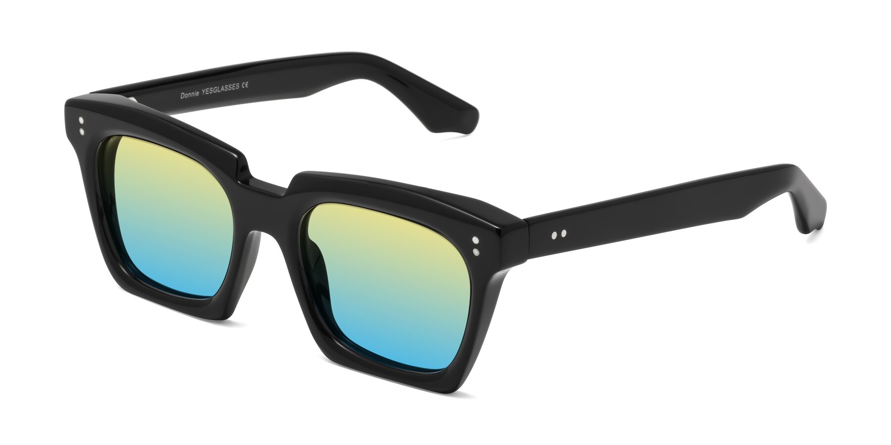 Angle of Donnie in Black with Yellow / Blue Gradient Lenses