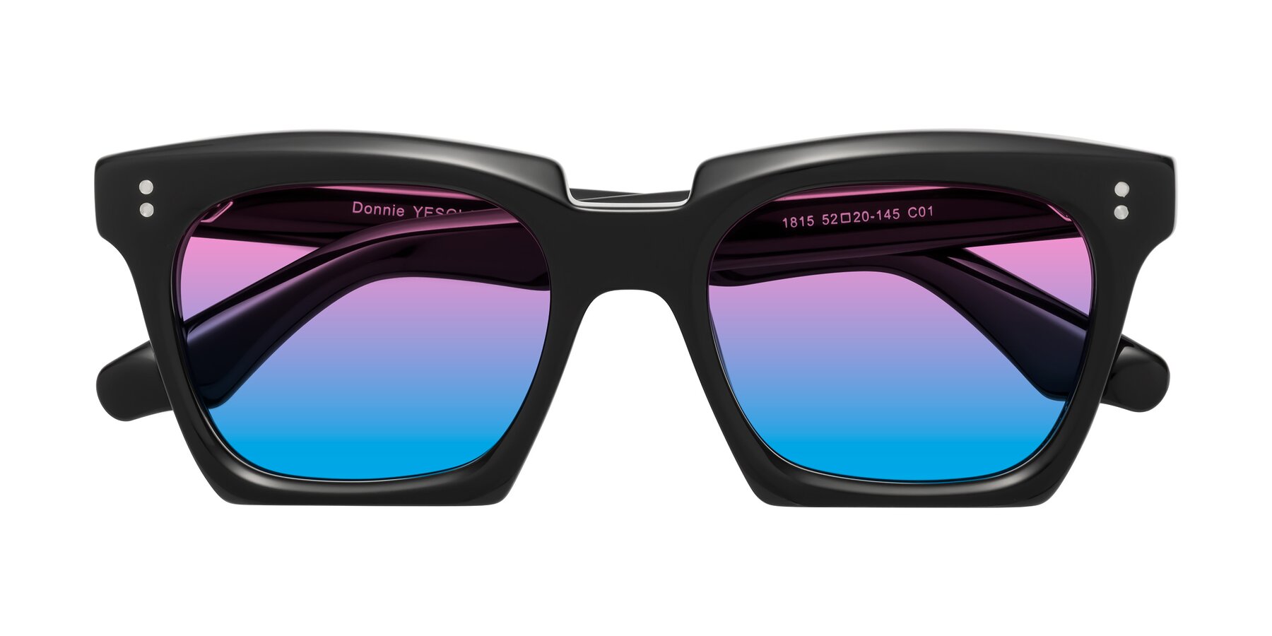 Folded Front of Donnie in Black with Pink / Blue Gradient Lenses
