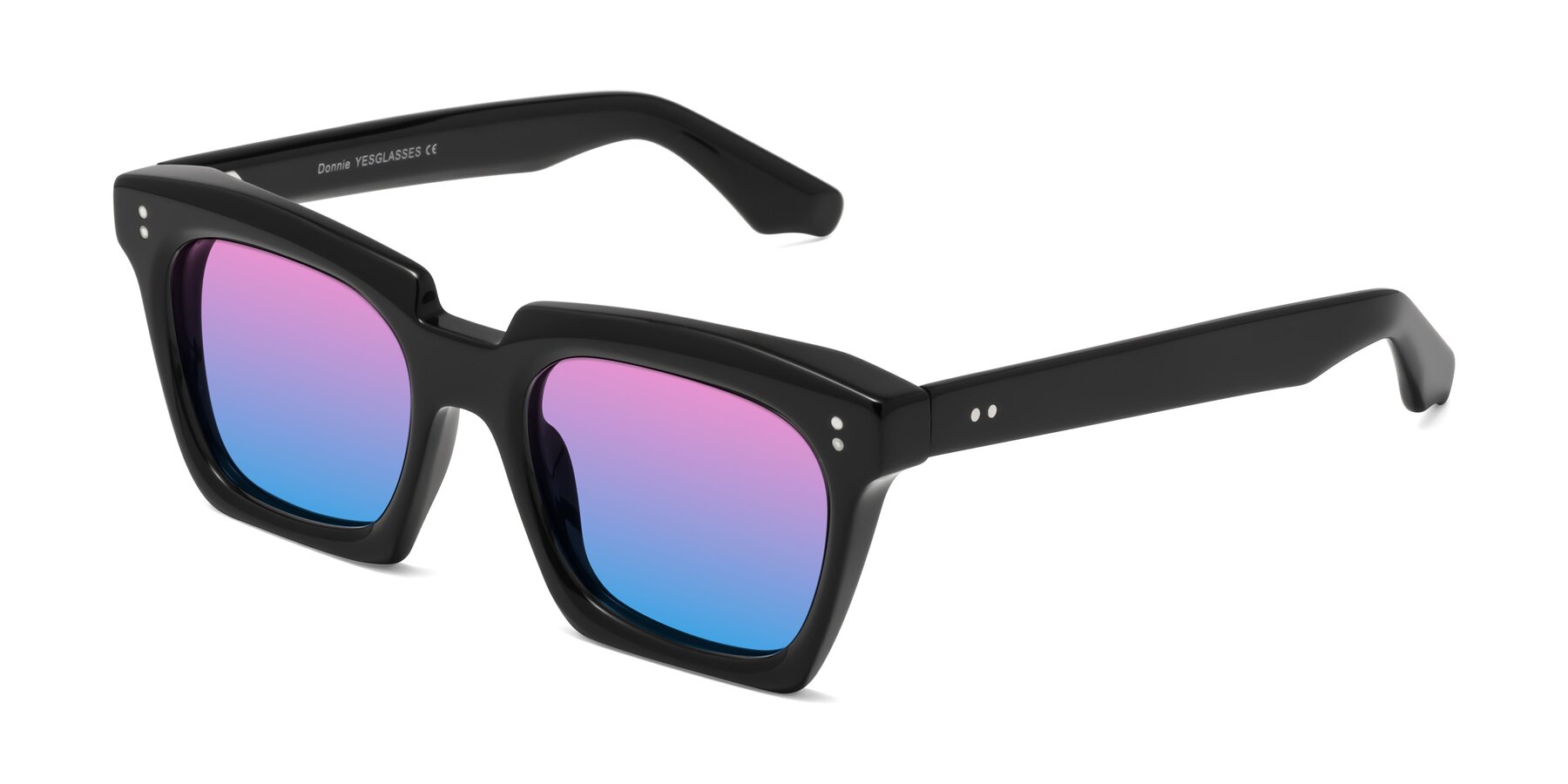 Angle of Donnie in Black with Pink / Blue Gradient Lenses