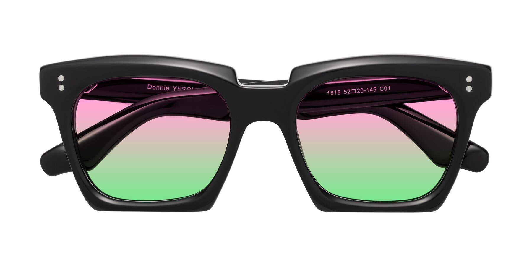 Folded Front of Donnie in Black with Pink / Green Gradient Lenses