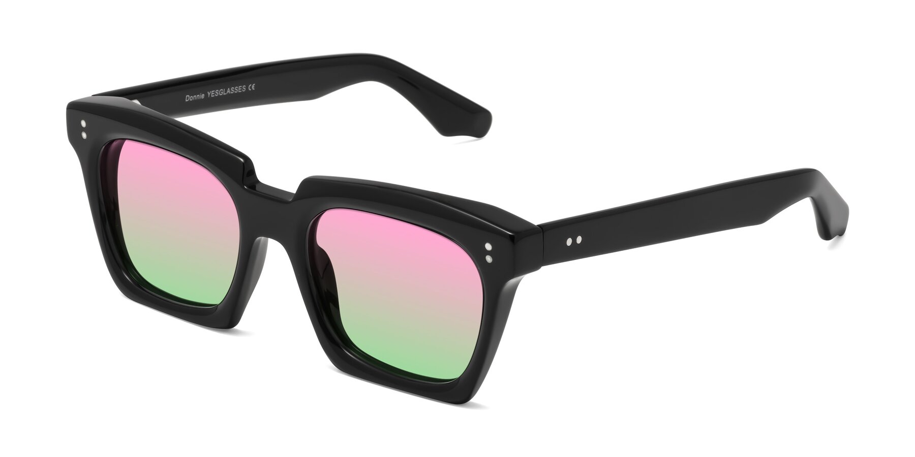 Angle of Donnie in Black with Pink / Green Gradient Lenses