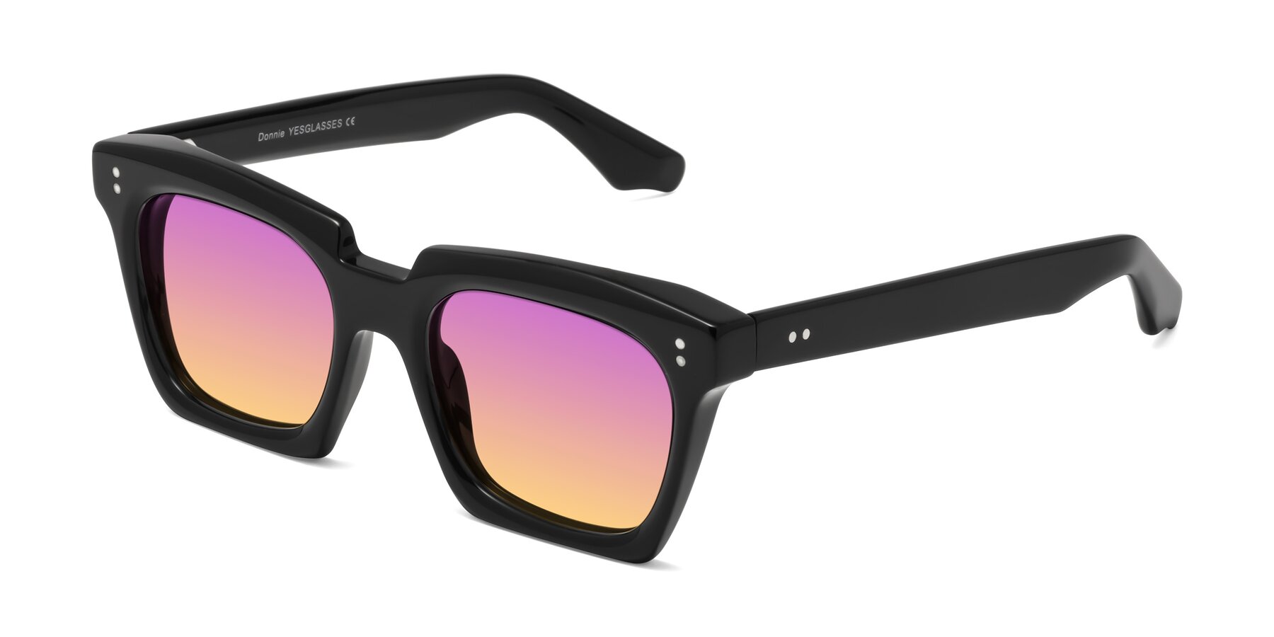 Angle of Donnie in Black with Purple / Yellow Gradient Lenses