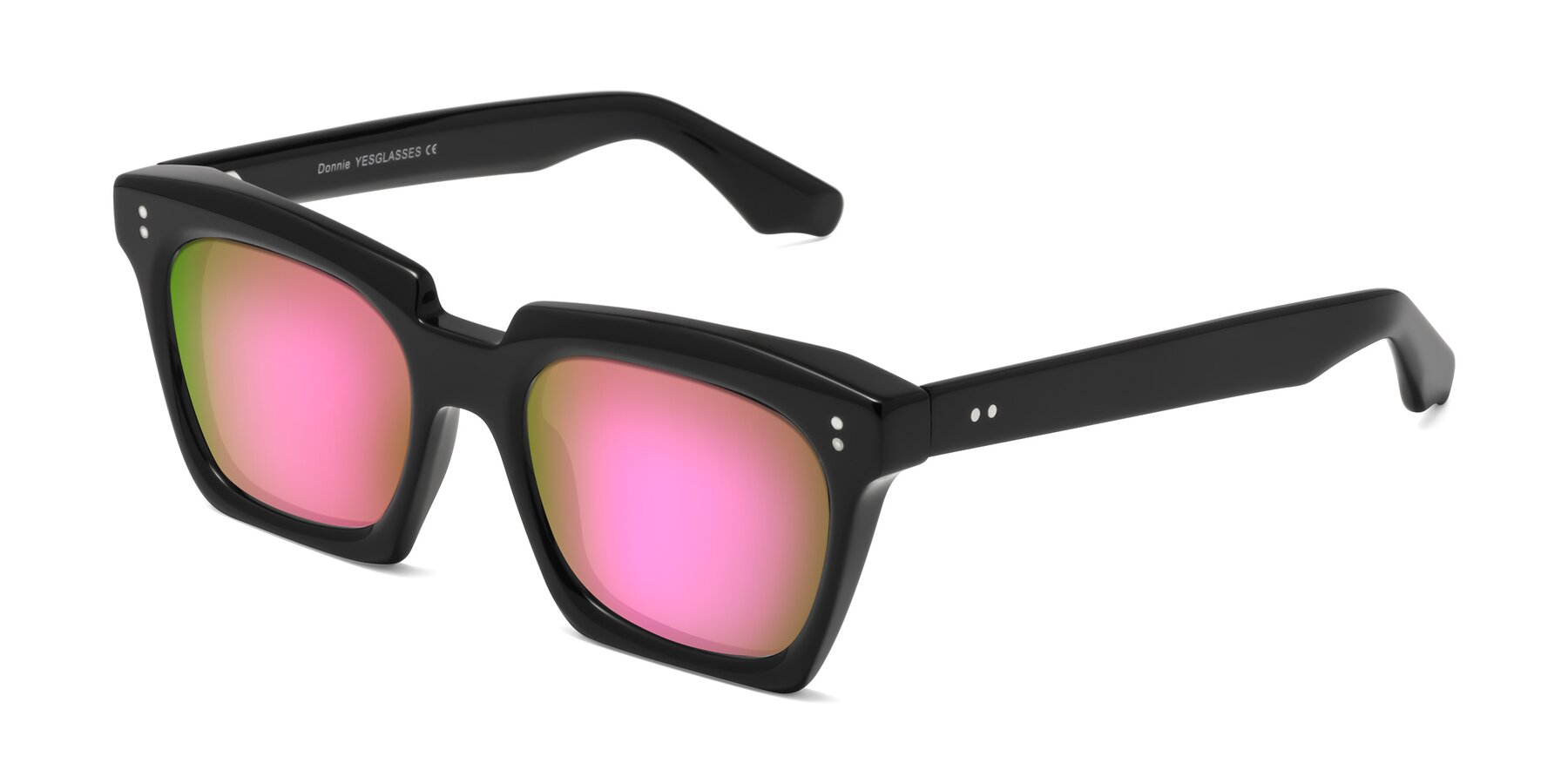 Angle of Donnie in Black with Pink Mirrored Lenses