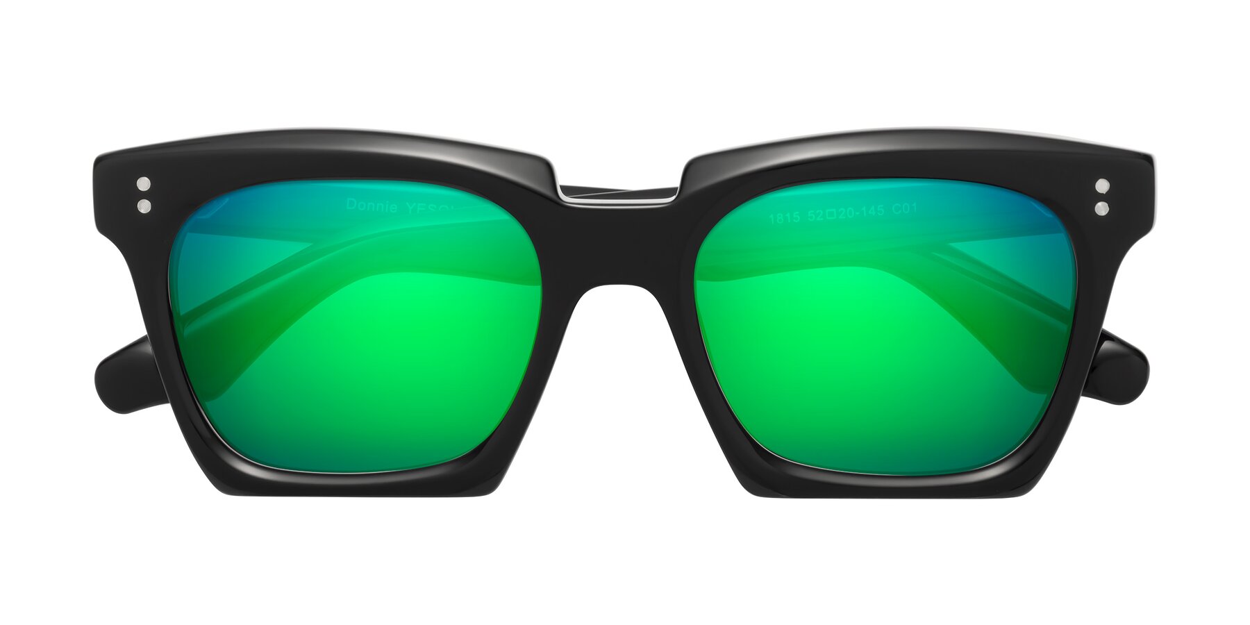 Folded Front of Donnie in Black with Green Mirrored Lenses