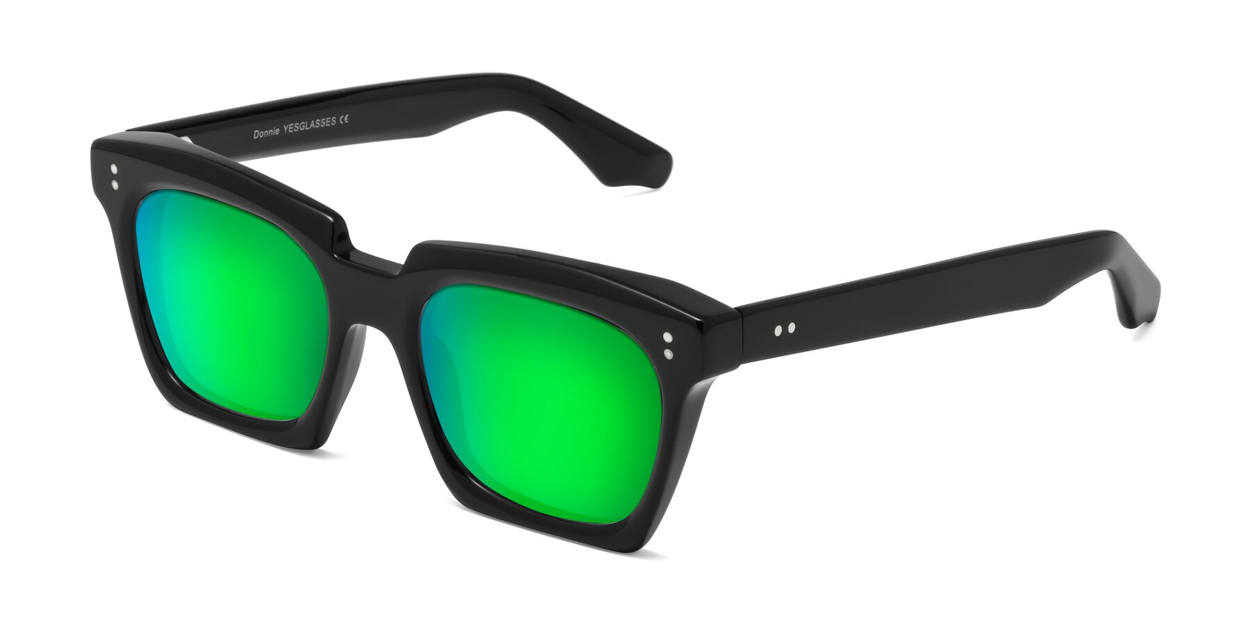 Angle of Donnie in Black with Green Mirrored Lenses