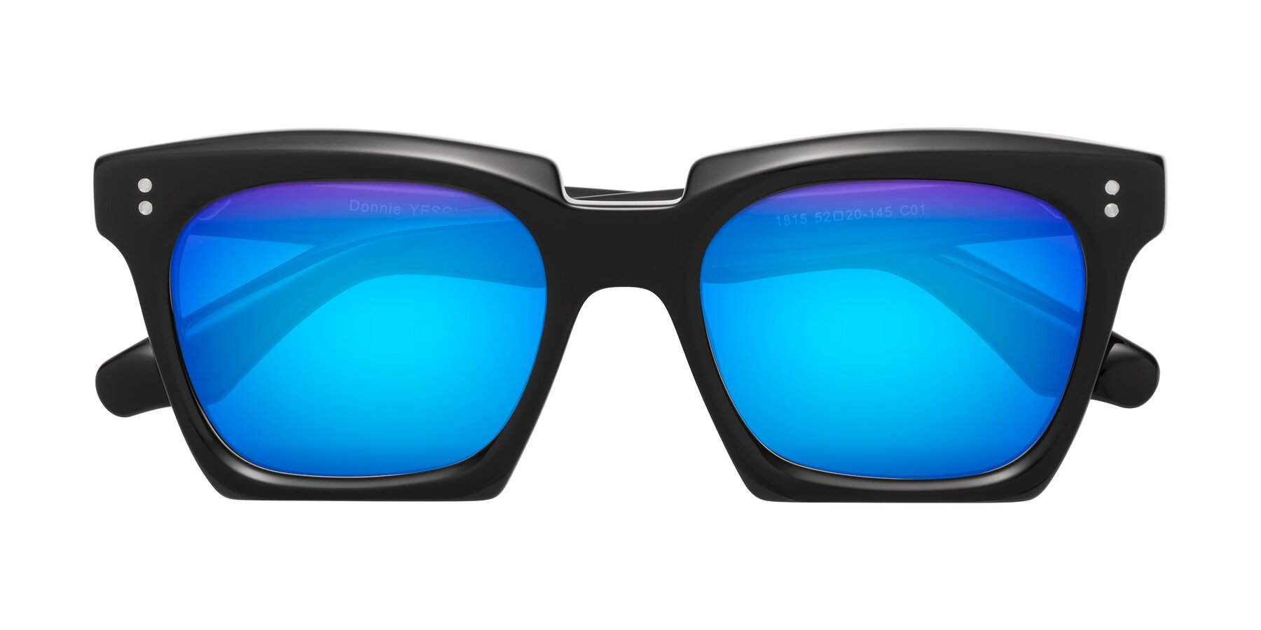 Folded Front of Donnie in Black with Blue Mirrored Lenses