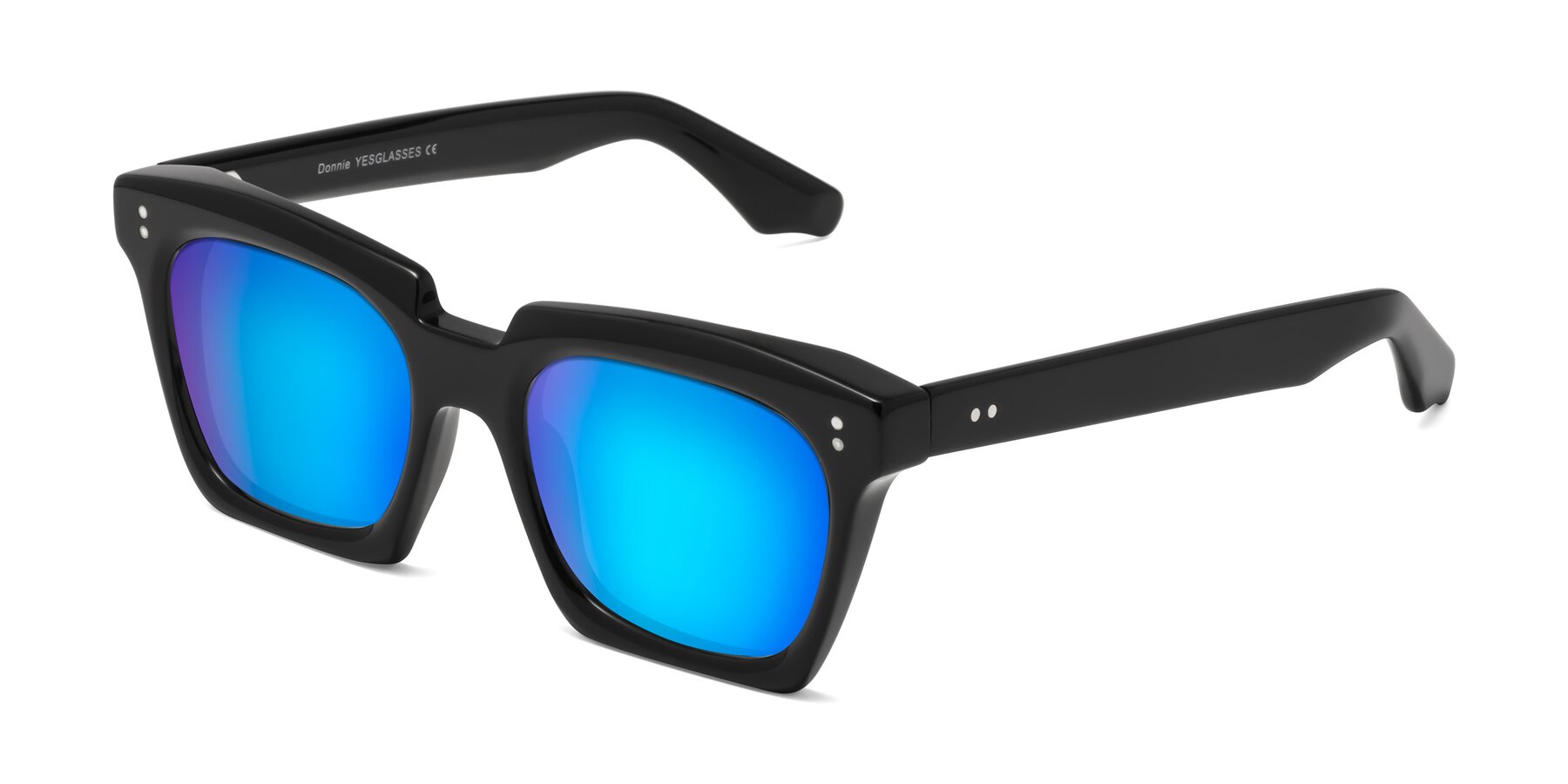 Angle of Donnie in Black with Blue Mirrored Lenses