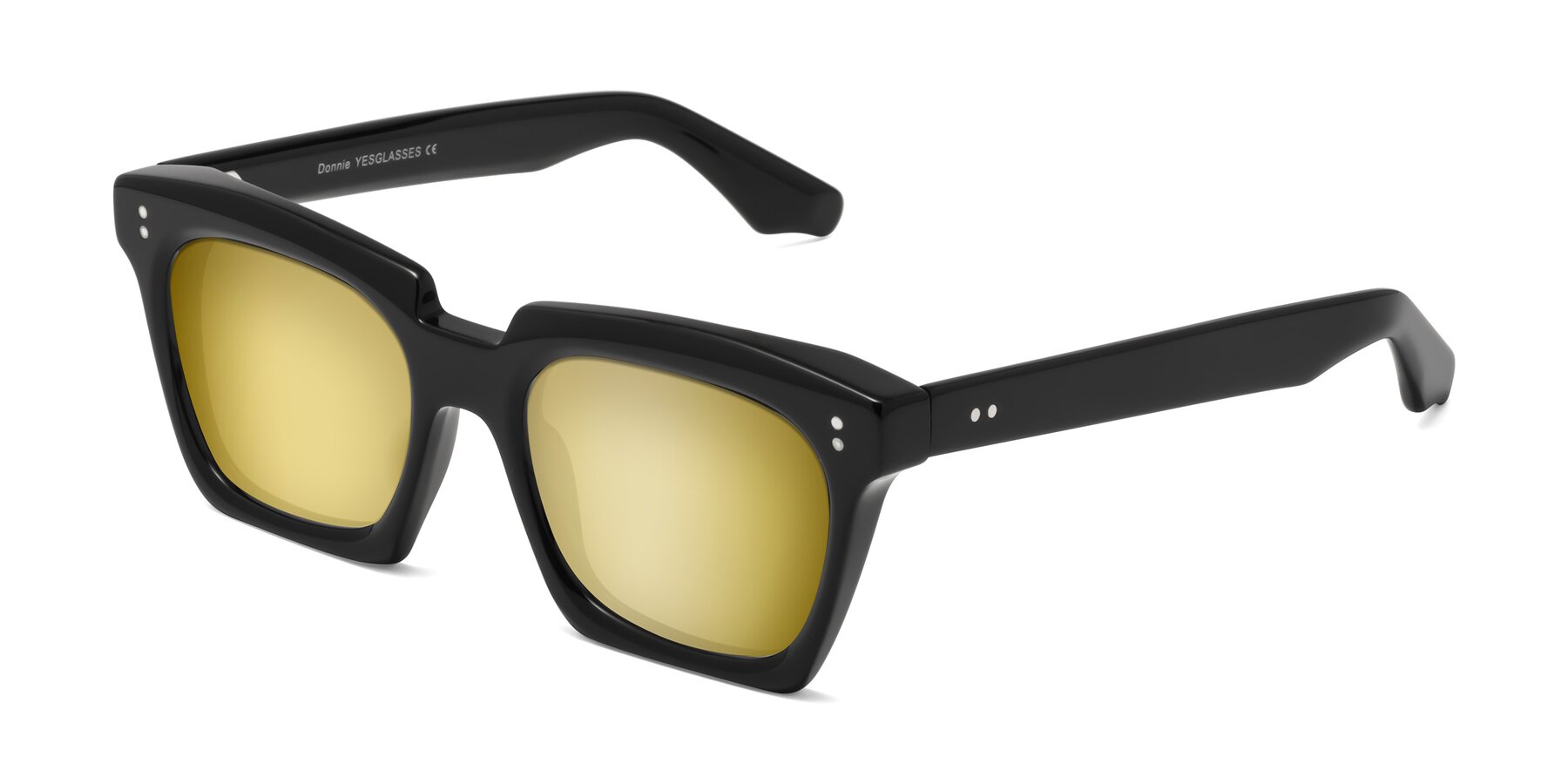 Angle of Donnie in Black with Gold Mirrored Lenses
