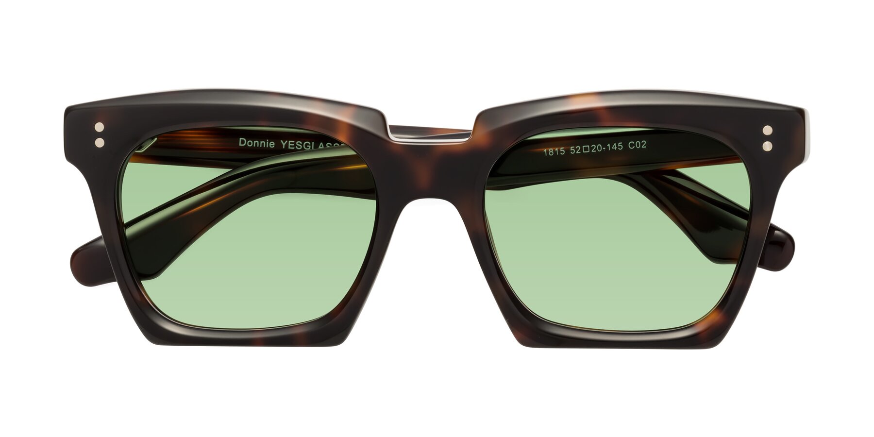 Folded Front of Donnie in Tortoise with Medium Green Tinted Lenses