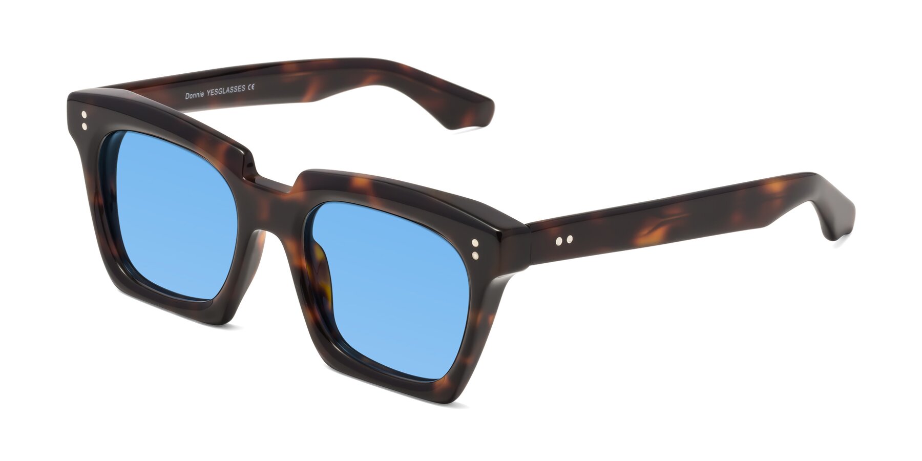 Angle of Donnie in Tortoise with Medium Blue Tinted Lenses
