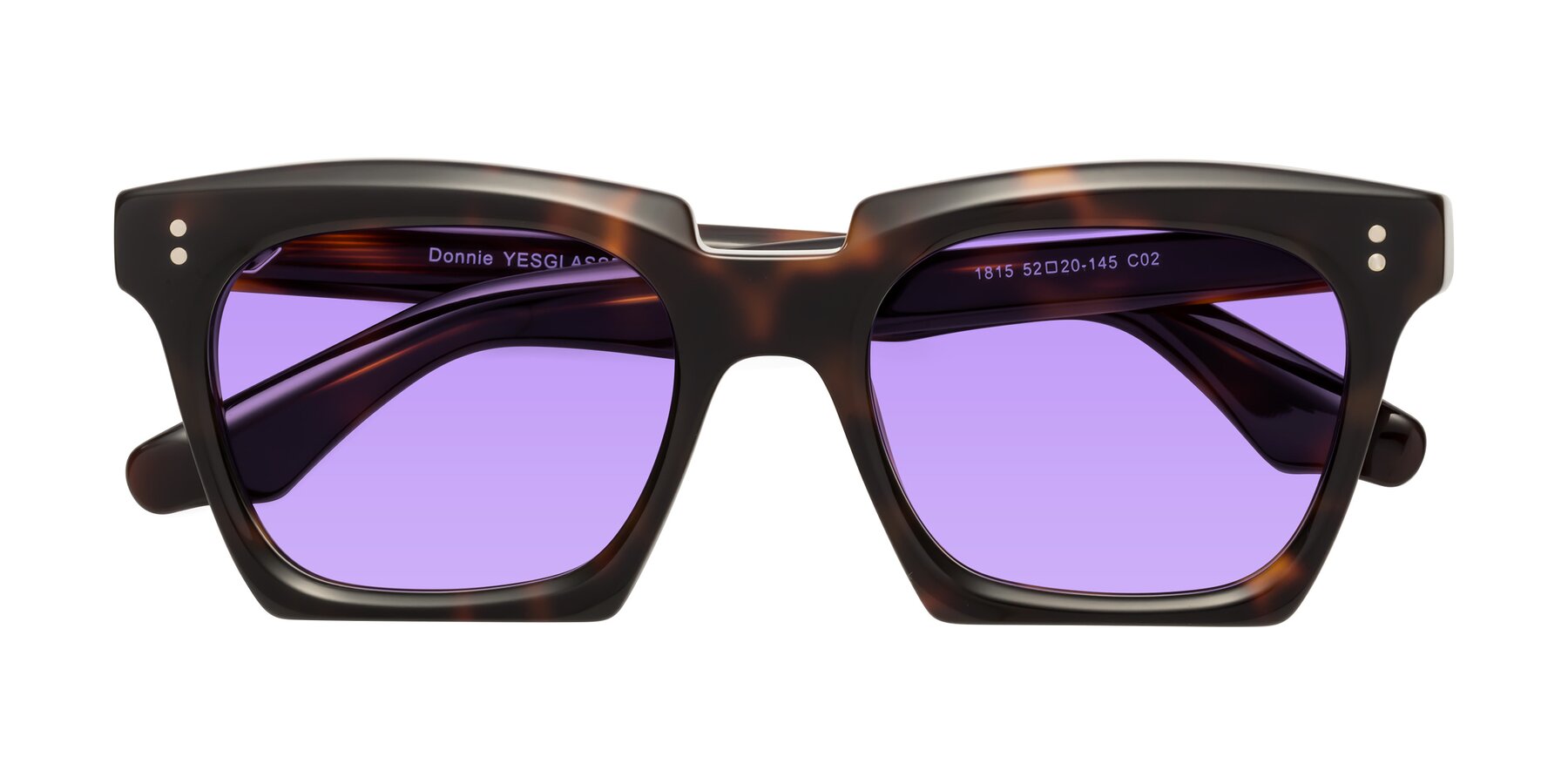 Folded Front of Donnie in Tortoise with Medium Purple Tinted Lenses