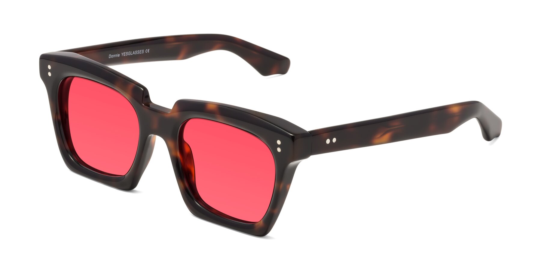 Angle of Donnie in Tortoise with Red Tinted Lenses