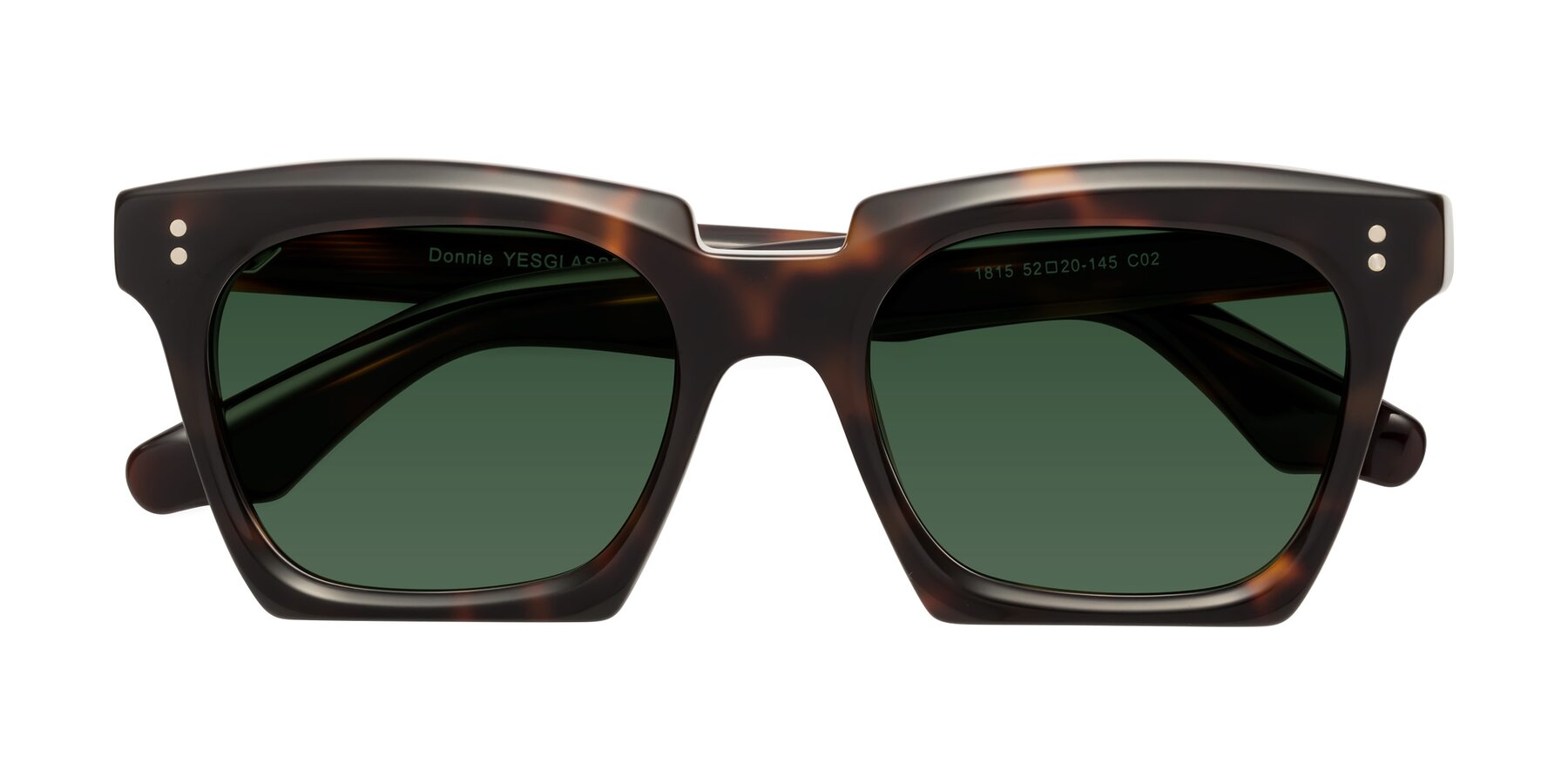 Folded Front of Donnie in Tortoise with Green Tinted Lenses