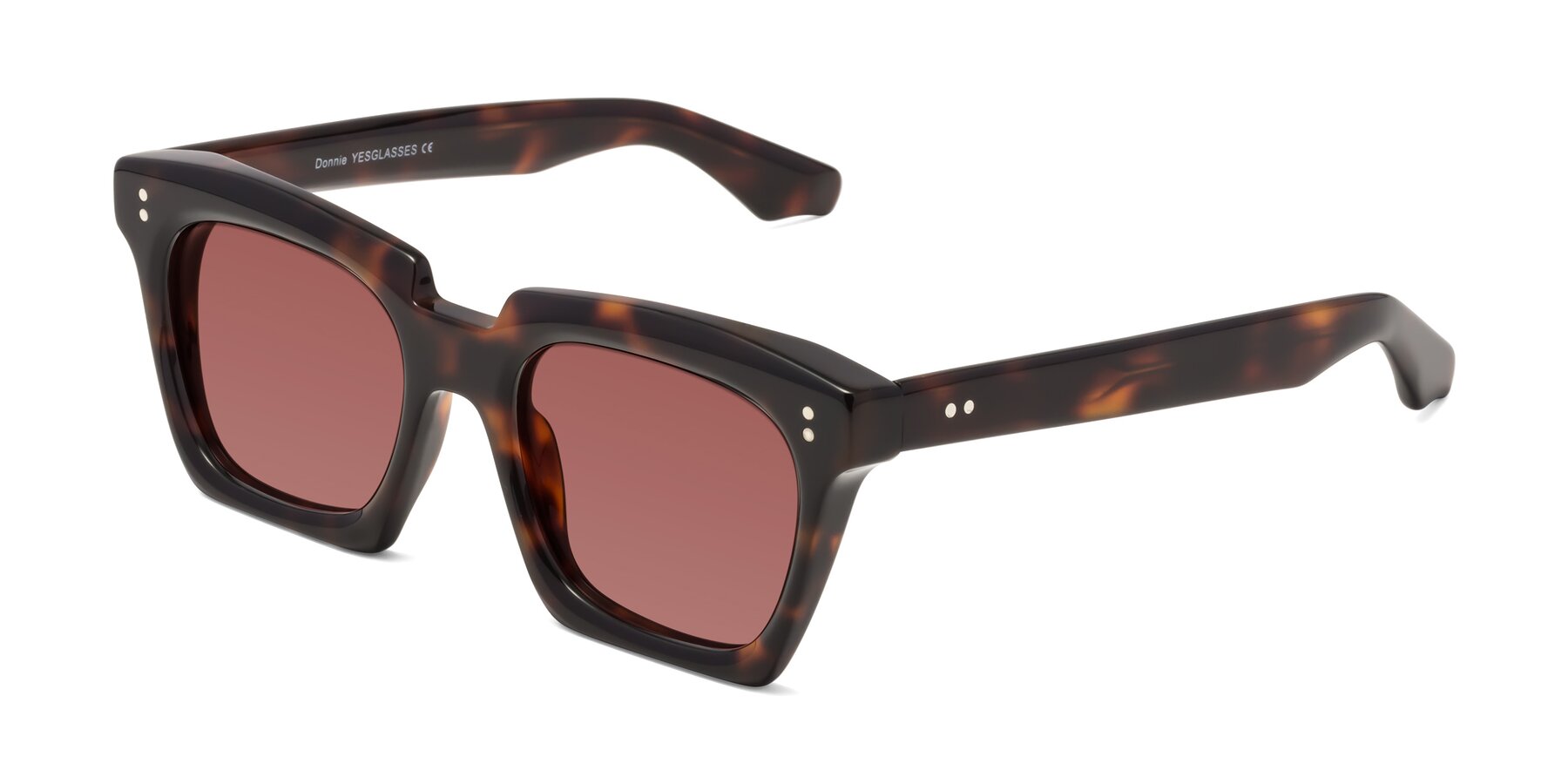 Angle of Donnie in Tortoise with Garnet Tinted Lenses