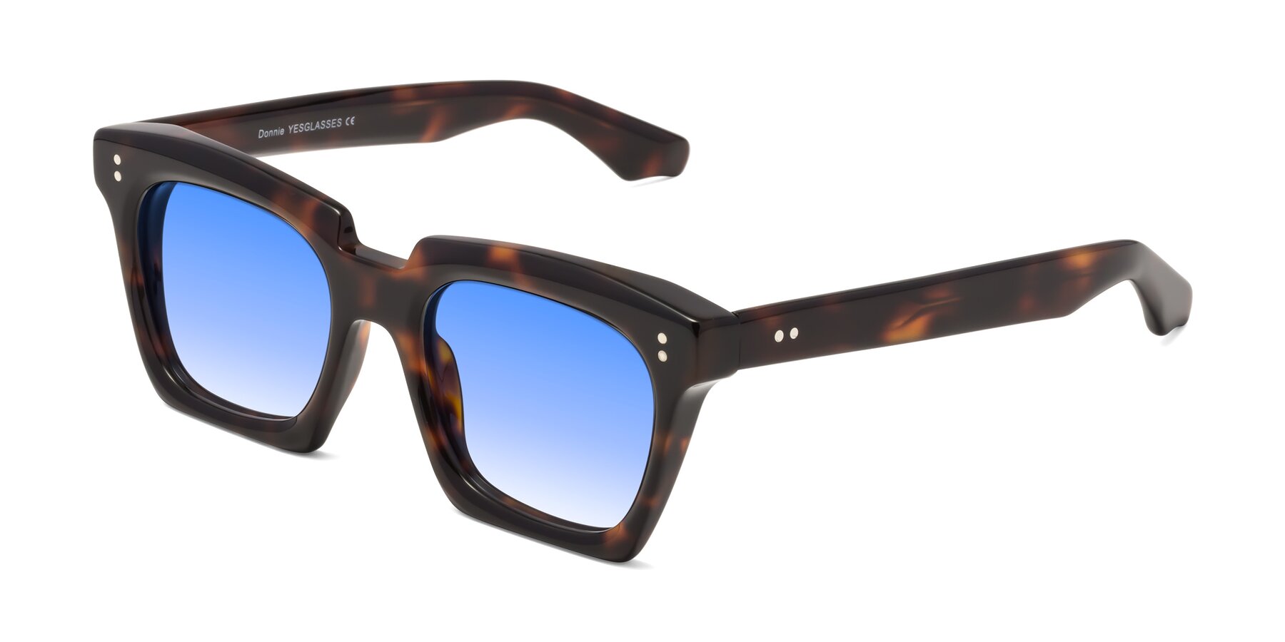 Angle of Donnie in Tortoise with Blue Gradient Lenses