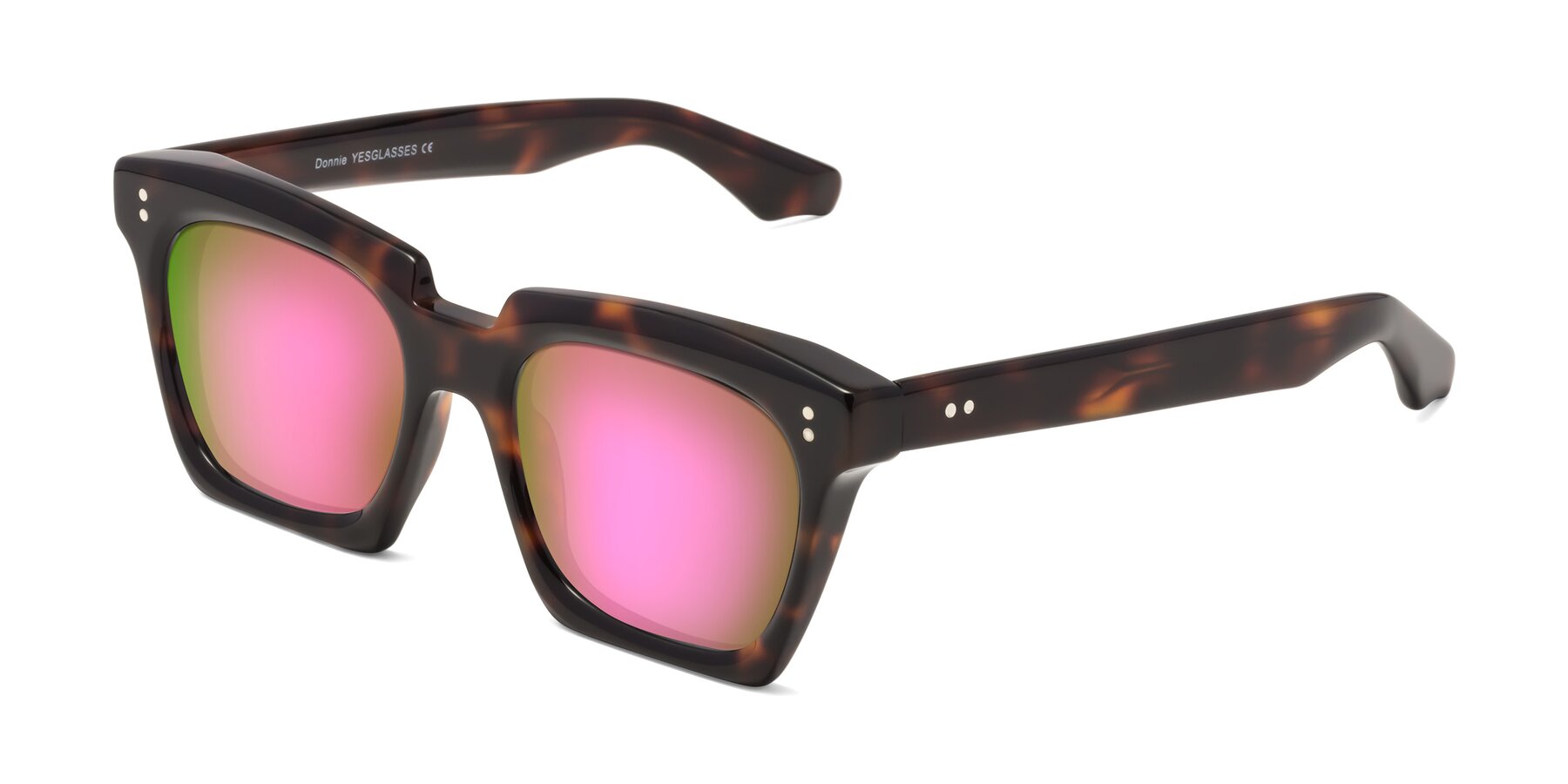 Angle of Donnie in Tortoise with Pink Mirrored Lenses