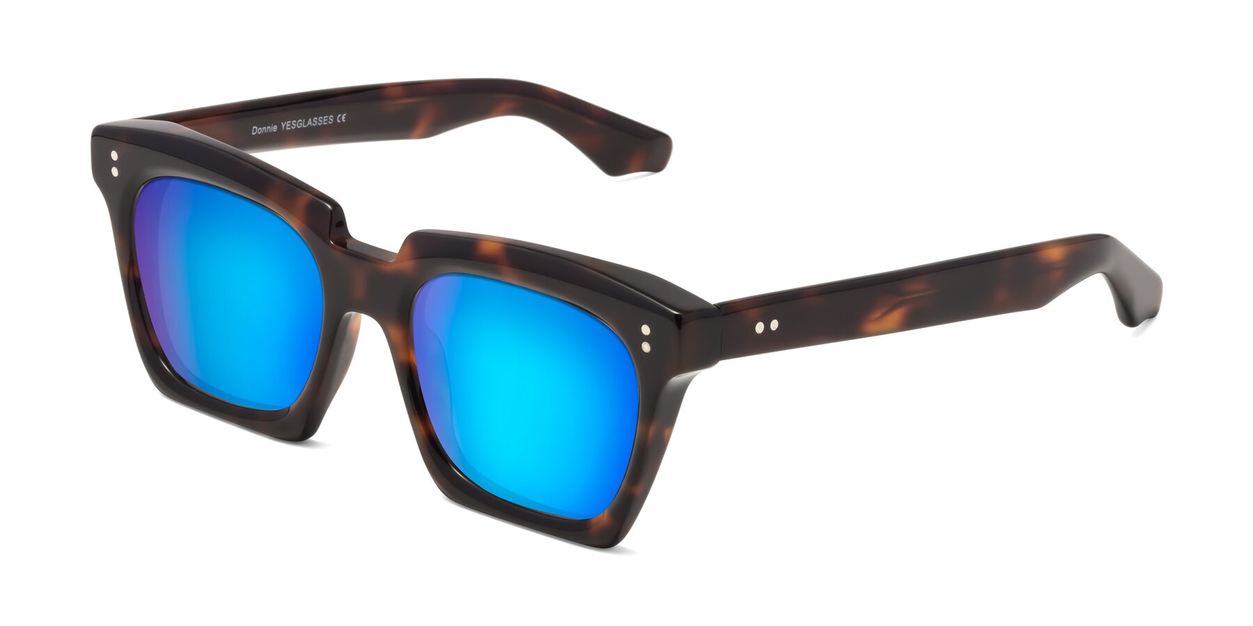 Angle of Donnie in Tortoise with Blue Mirrored Lenses