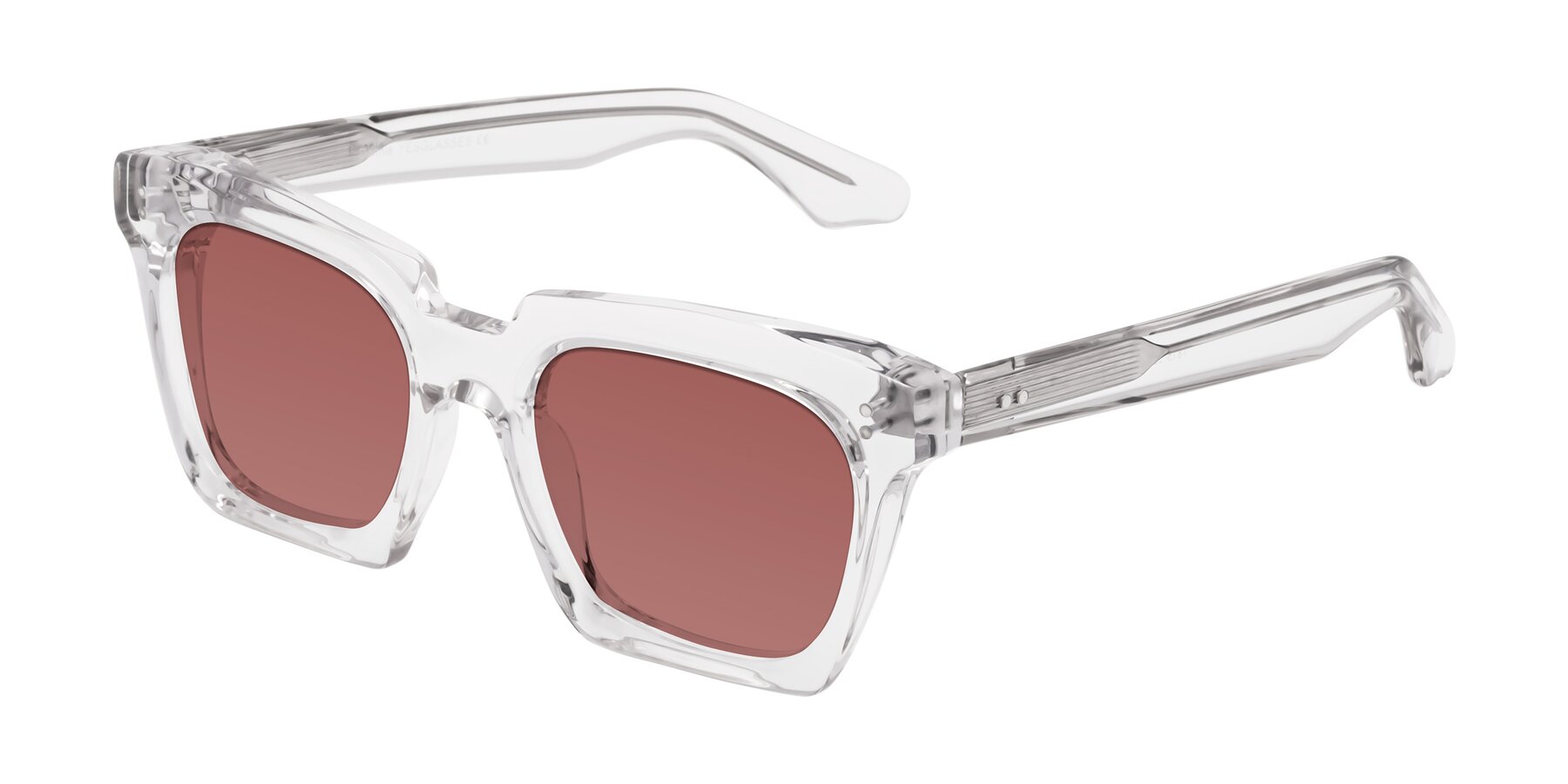 Angle of Donnie in Clear with Garnet Tinted Lenses