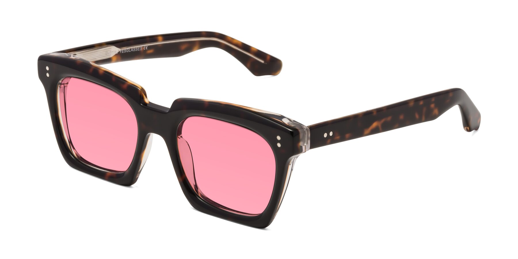 Angle of Donnie in Tortoise-Clear with Pink Tinted Lenses