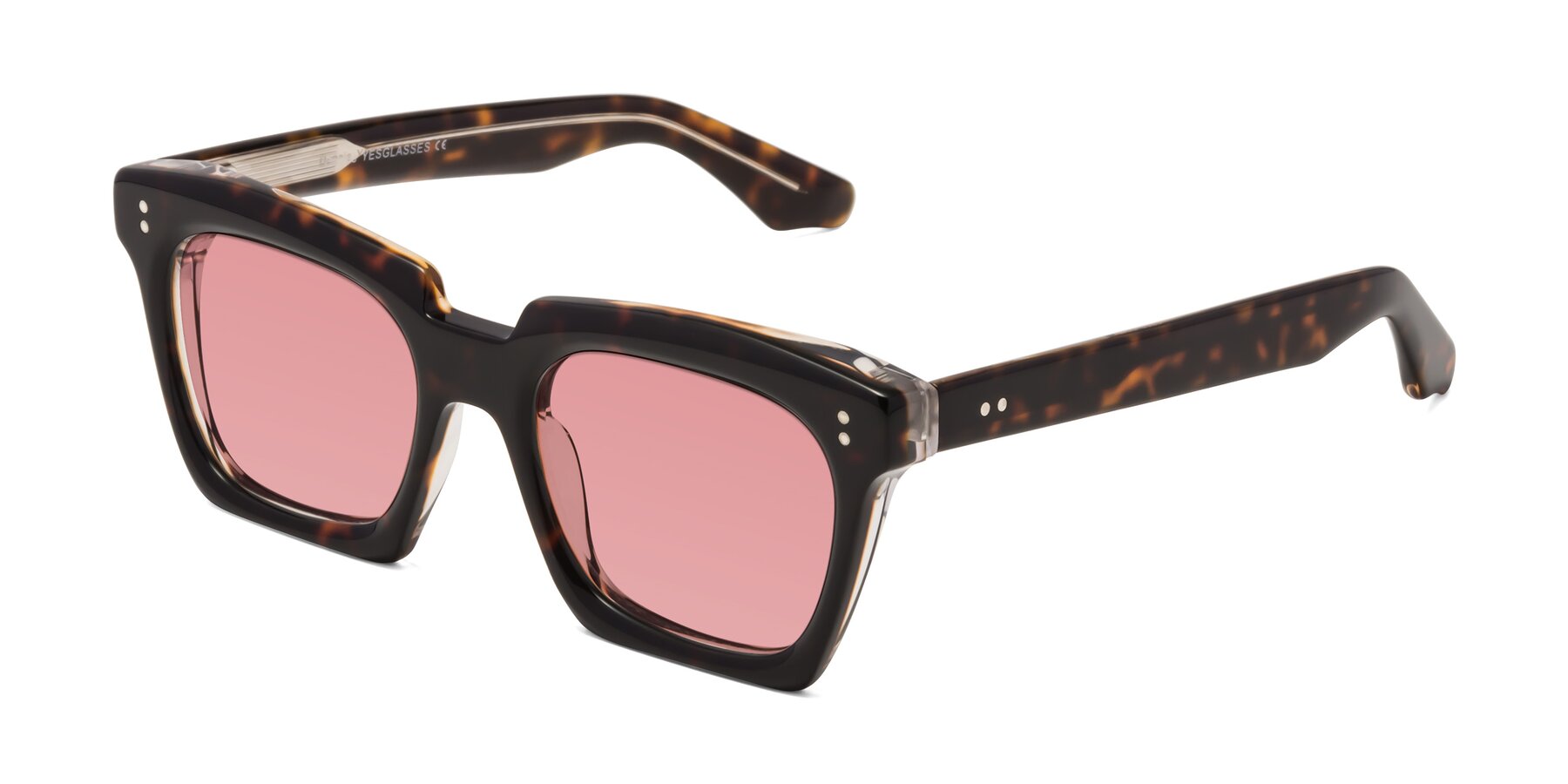 Angle of Donnie in Tortoise-Clear with Medium Garnet Tinted Lenses