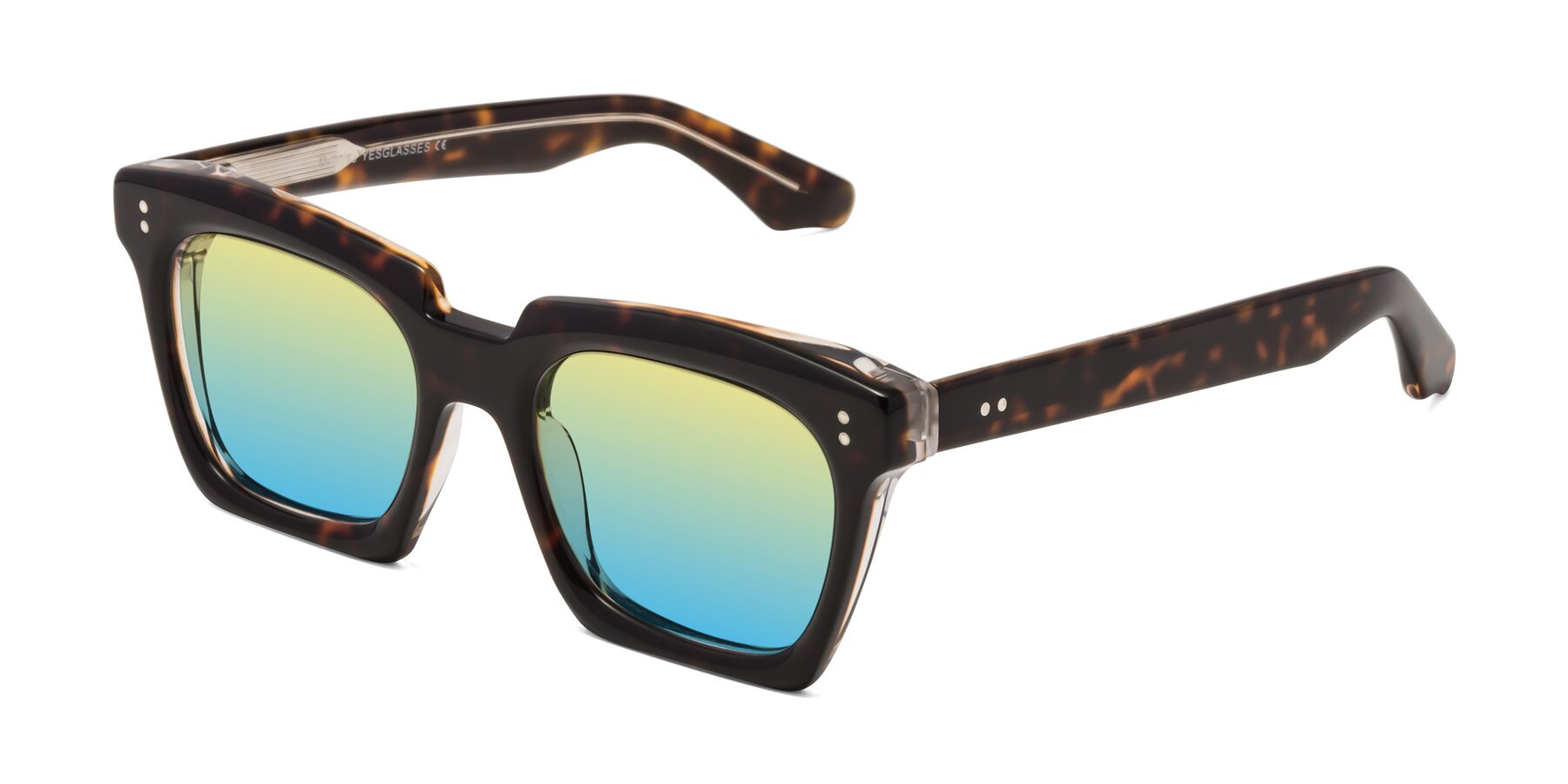 Angle of Donnie in Tortoise-Clear with Yellow / Blue Gradient Lenses