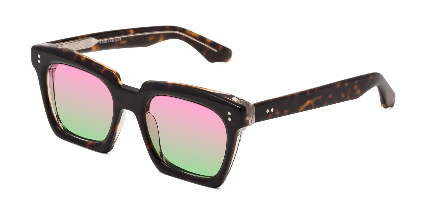 Angle of Donnie in Tortoise-Clear with Pink / Green Gradient Lenses