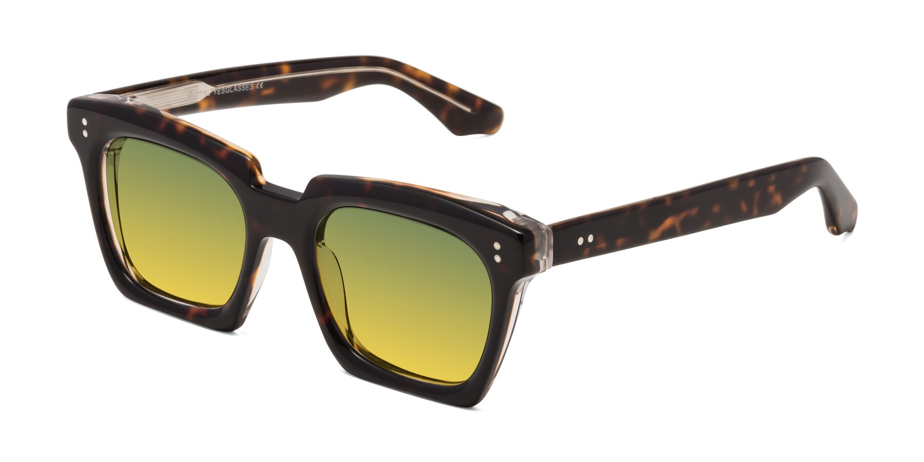 Angle of Donnie in Tortoise-Clear with Green / Yellow Gradient Lenses
