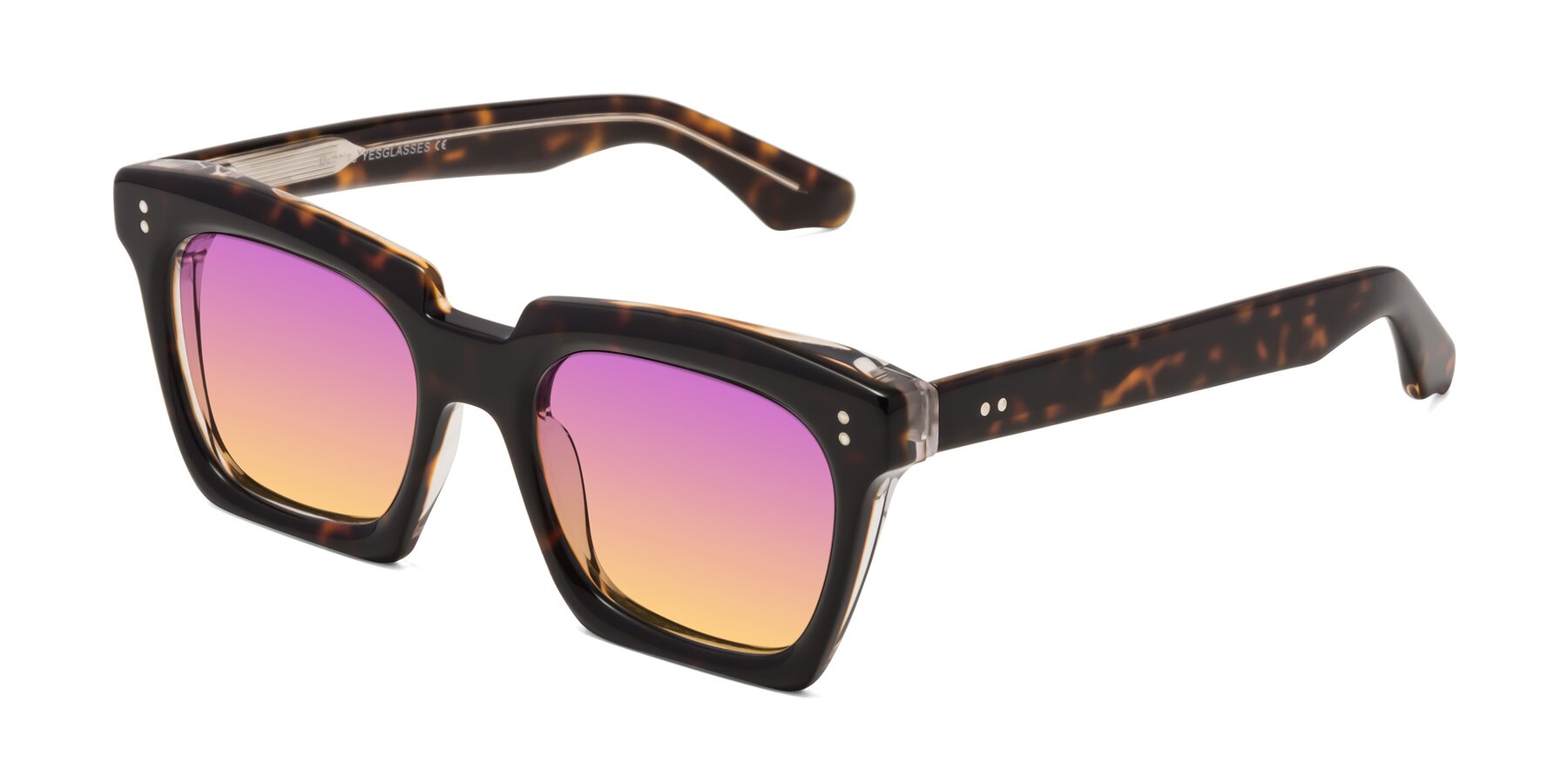 Angle of Donnie in Tortoise-Clear with Purple / Yellow Gradient Lenses