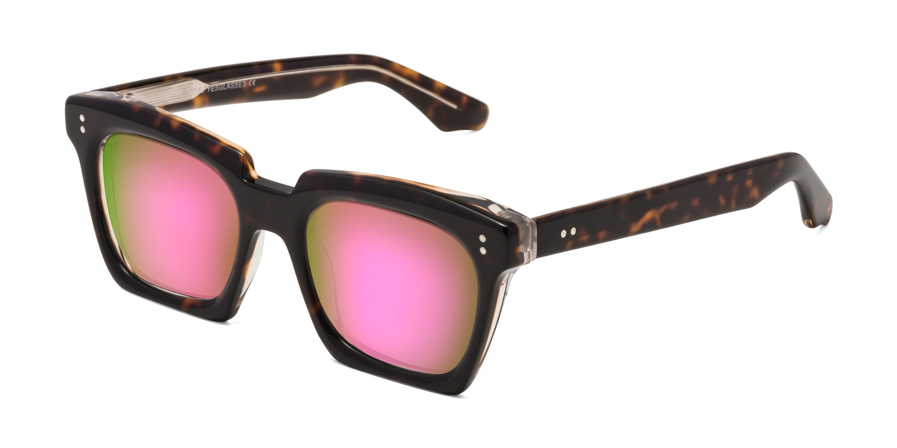 Angle of Donnie in Tortoise-Clear with Pink Mirrored Lenses