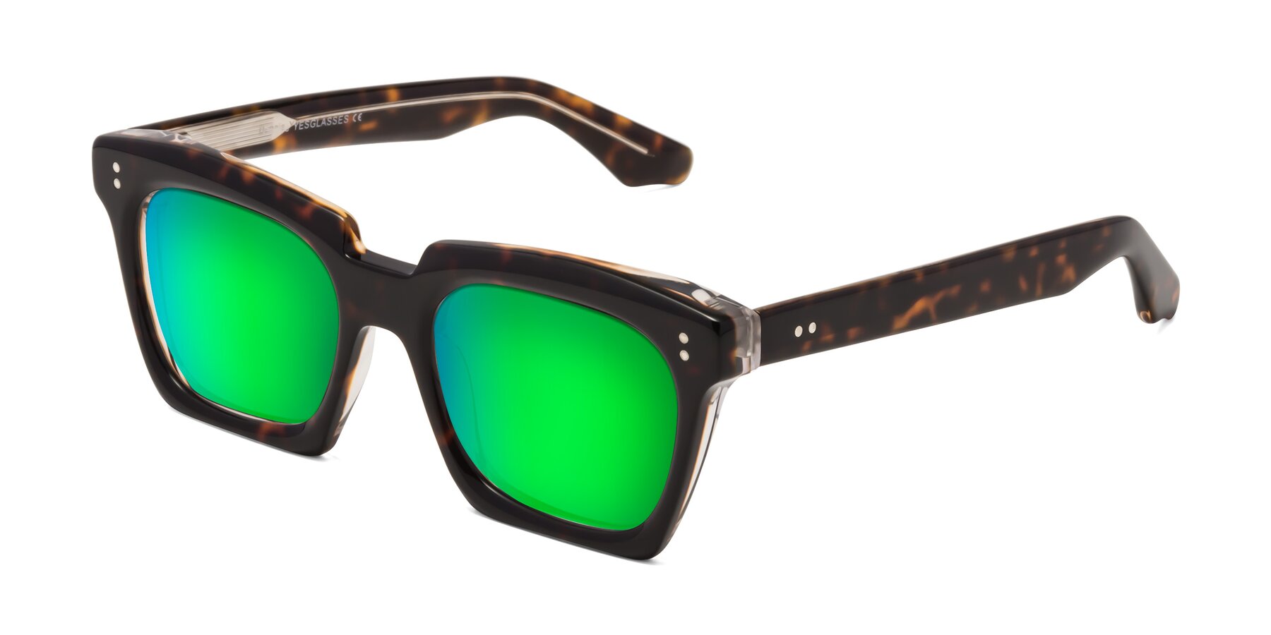 Angle of Donnie in Tortoise-Clear with Green Mirrored Lenses