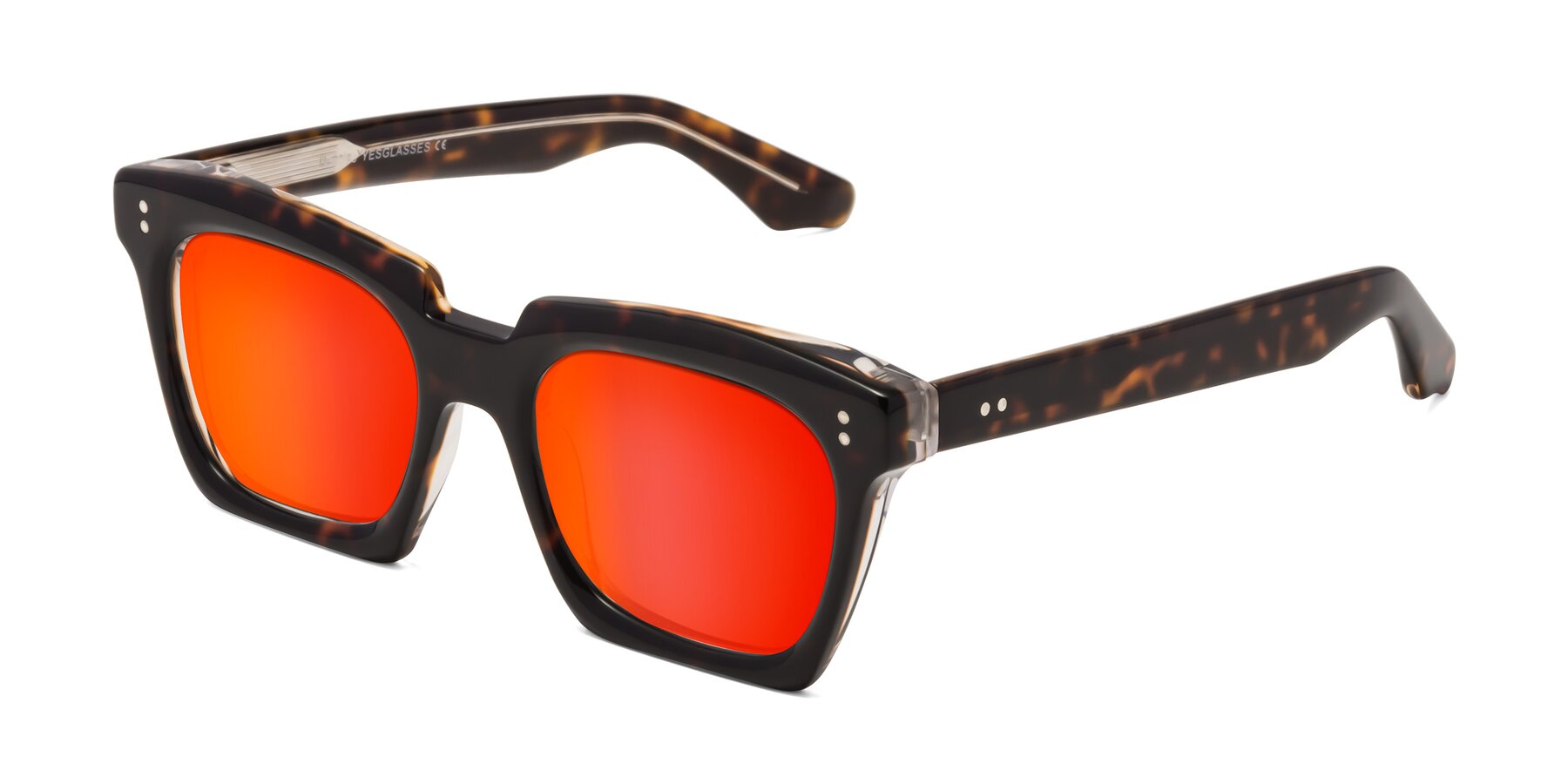 Angle of Donnie in Tortoise-Clear with Red Gold Mirrored Lenses