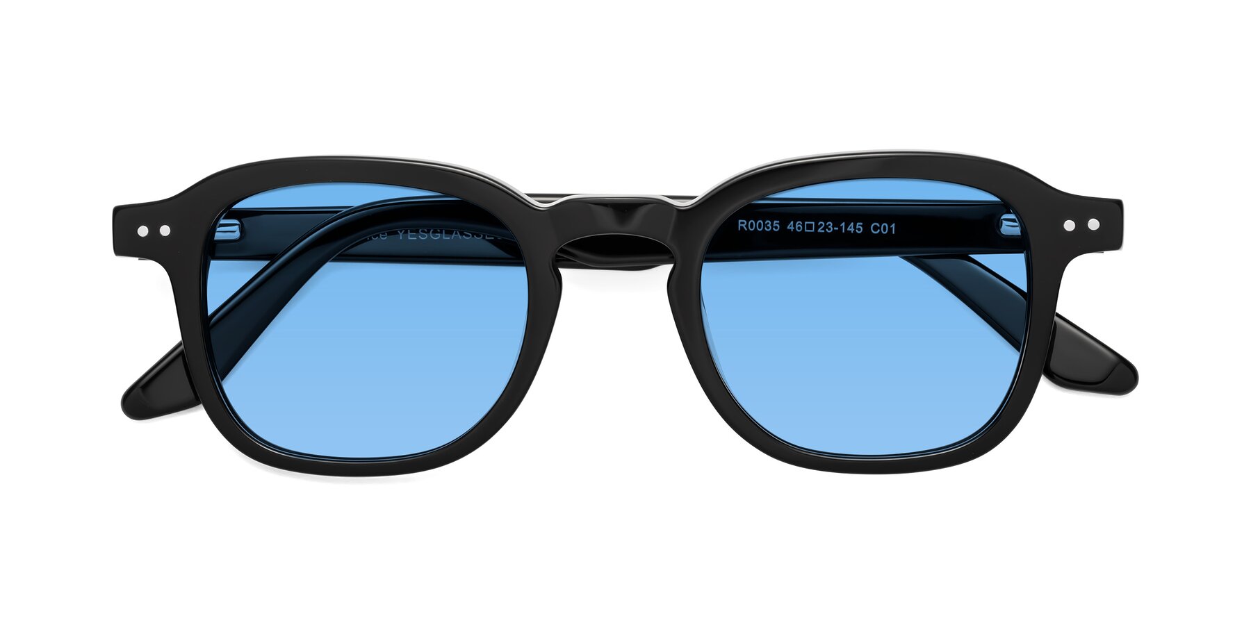 Folded Front of Nice in Black with Medium Blue Tinted Lenses