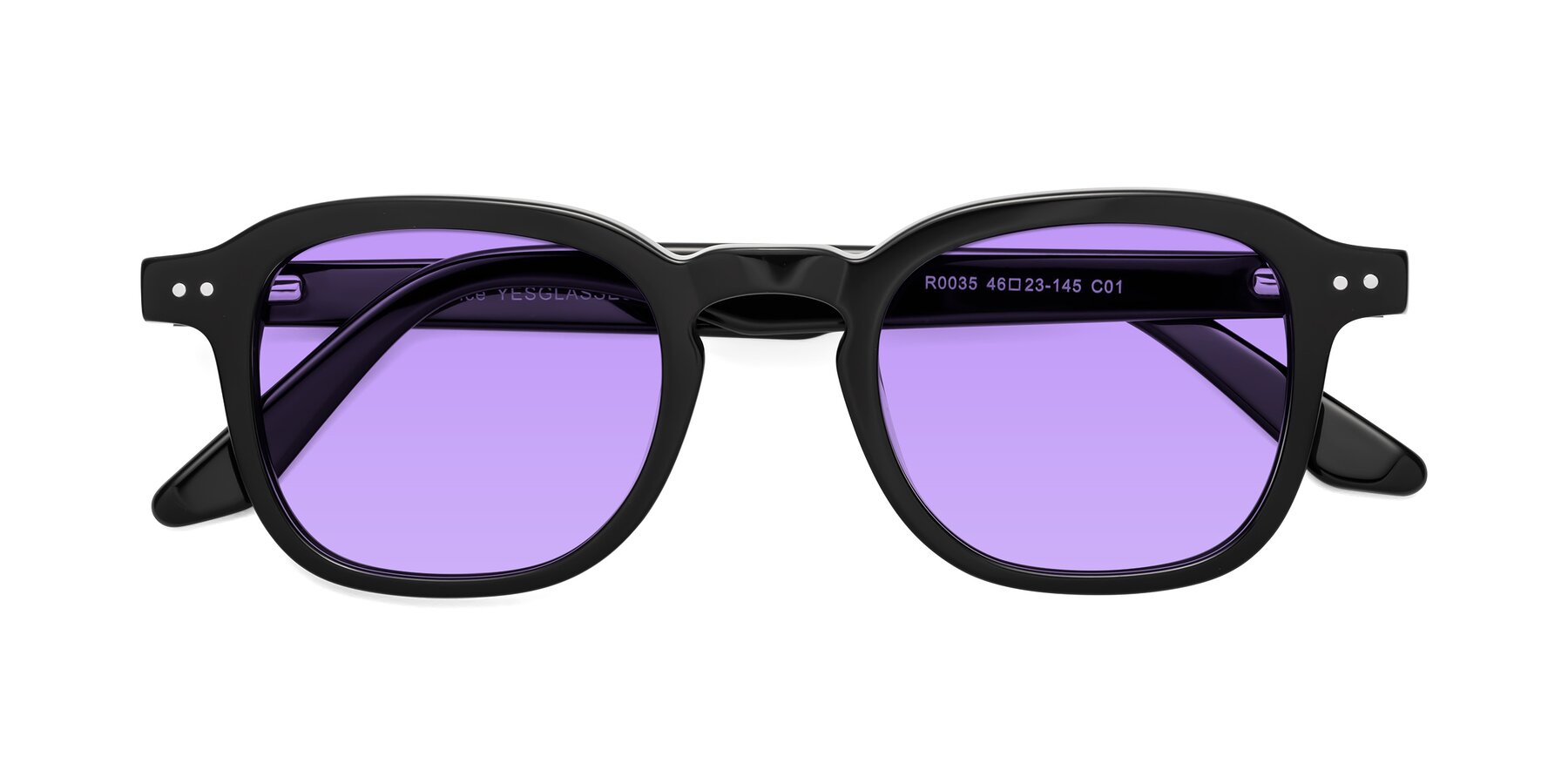 Folded Front of Nice in Black with Medium Purple Tinted Lenses