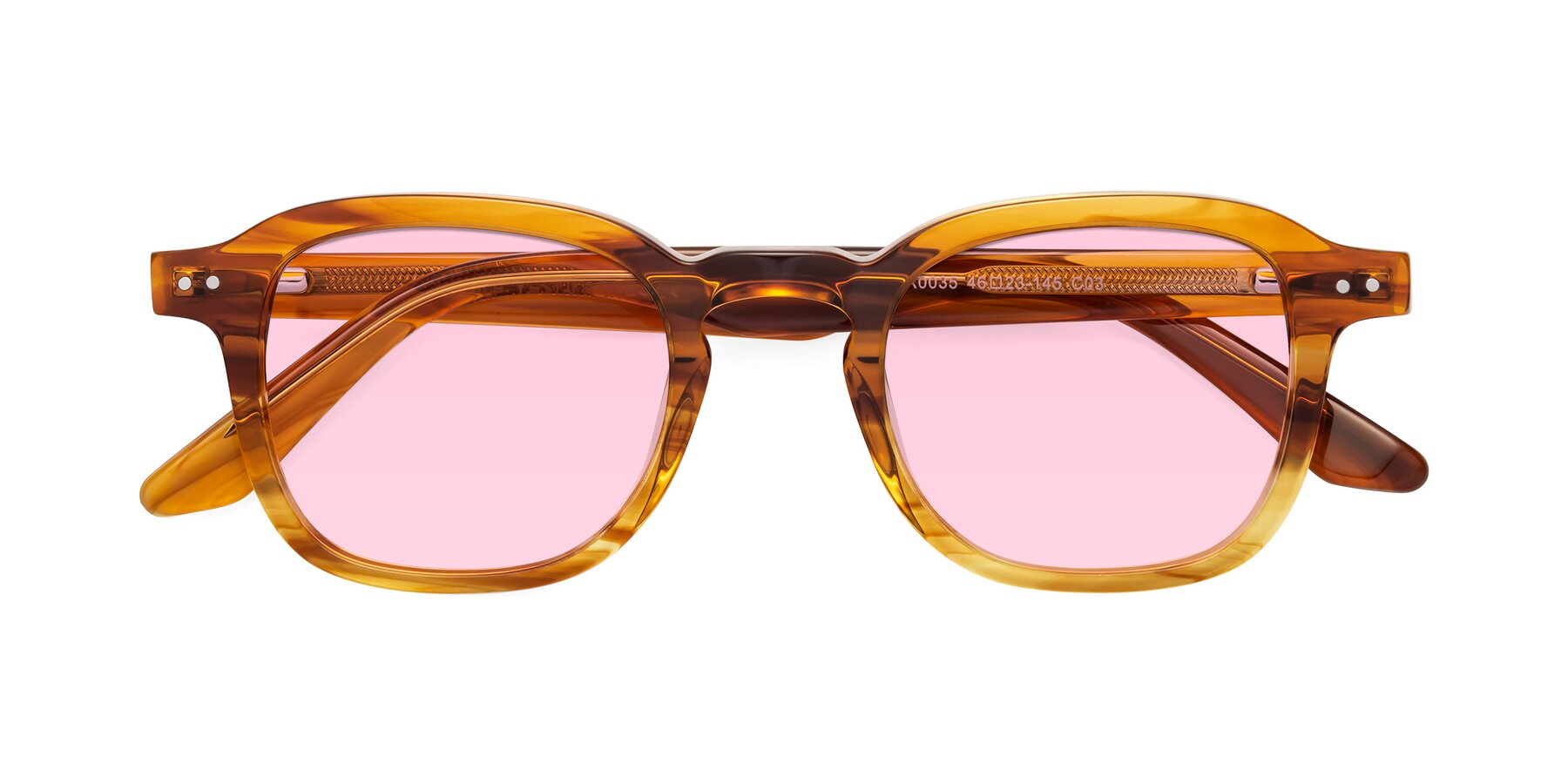 Folded Front of Nice in Striped Amber with Light Pink Tinted Lenses