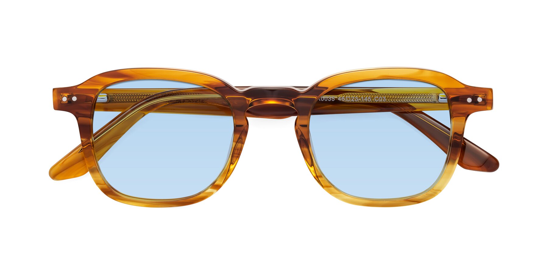 Folded Front of Nice in Striped Amber with Light Blue Tinted Lenses