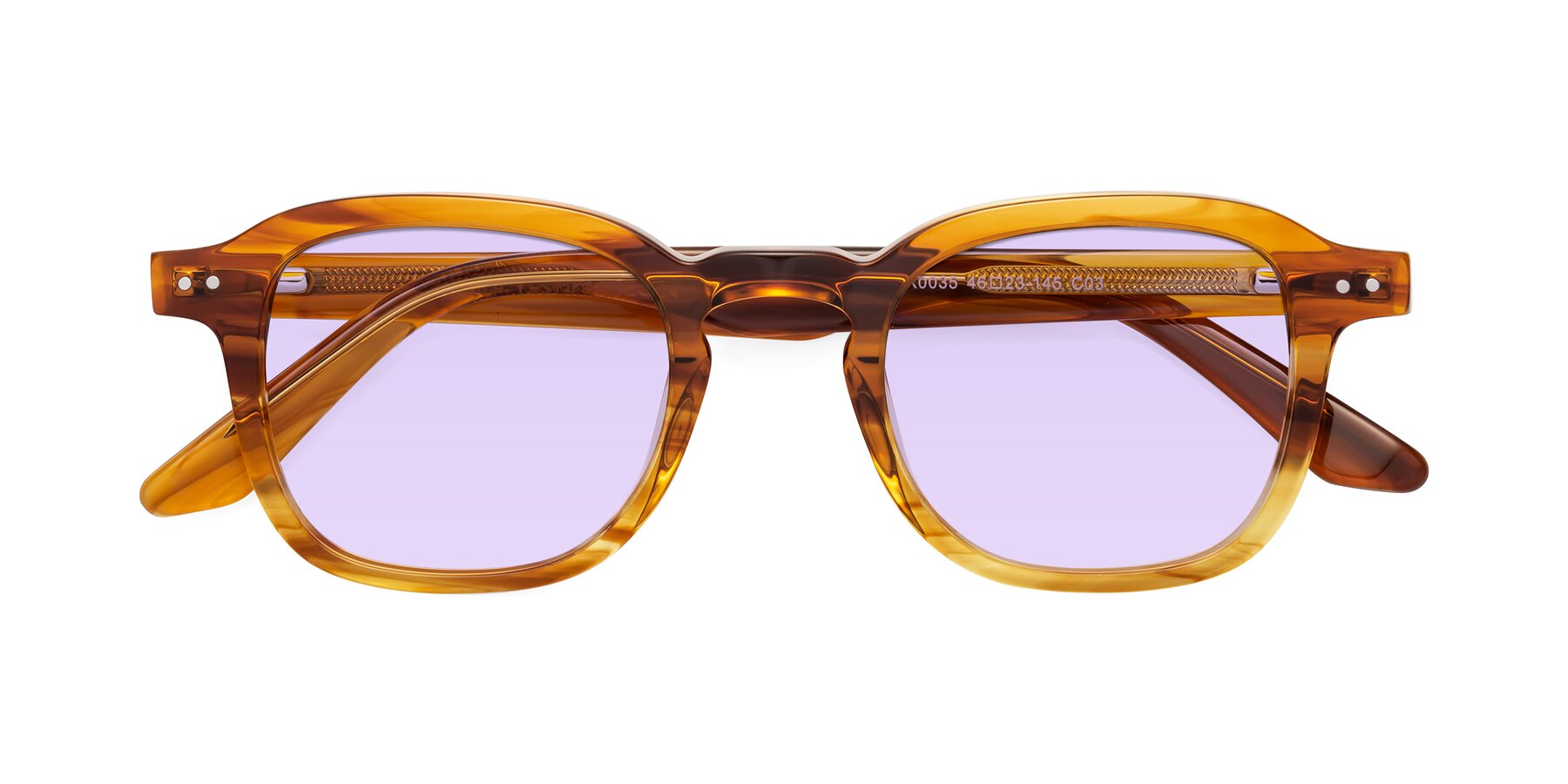 Folded Front of Nice in Striped Amber with Light Purple Tinted Lenses