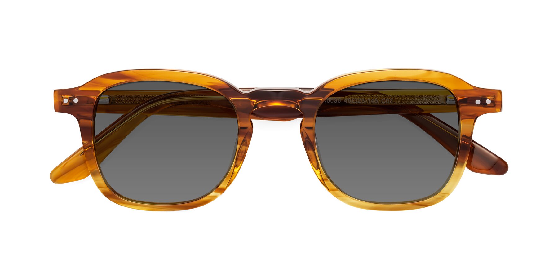 Folded Front of Nice in Striped Amber with Medium Gray Tinted Lenses