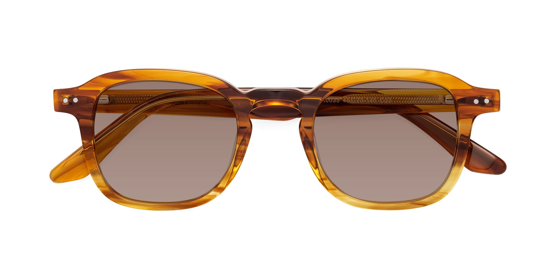 Folded Front of Nice in Striped Amber with Medium Brown Tinted Lenses