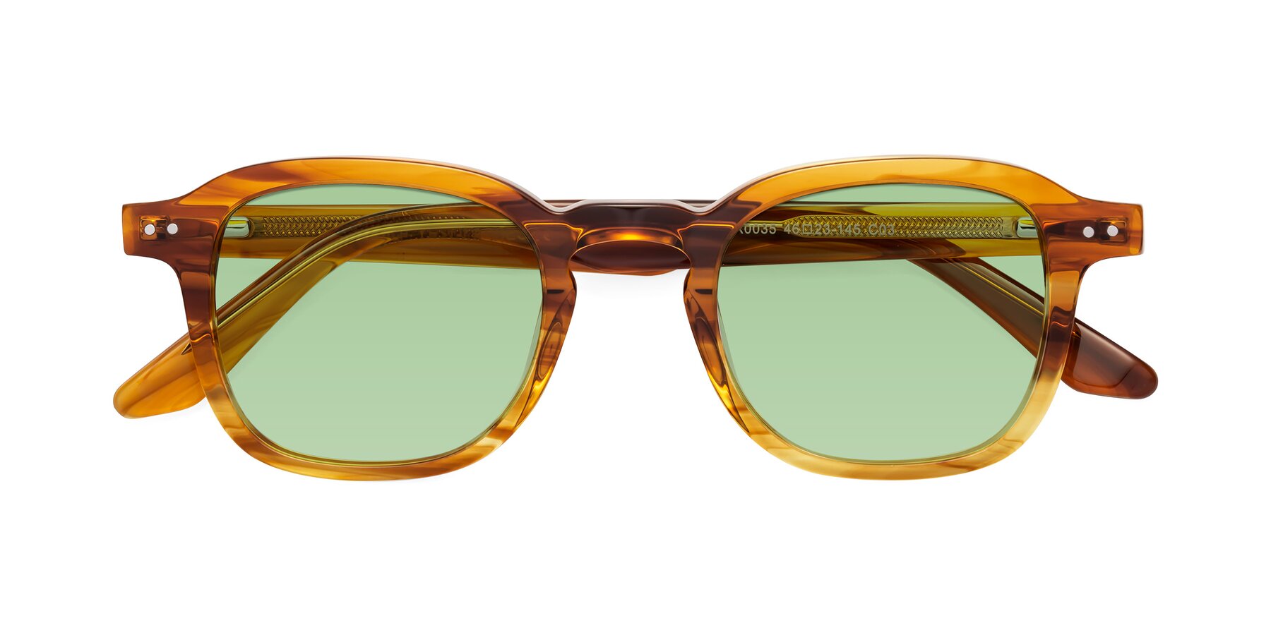 Folded Front of Nice in Striped Amber with Medium Green Tinted Lenses