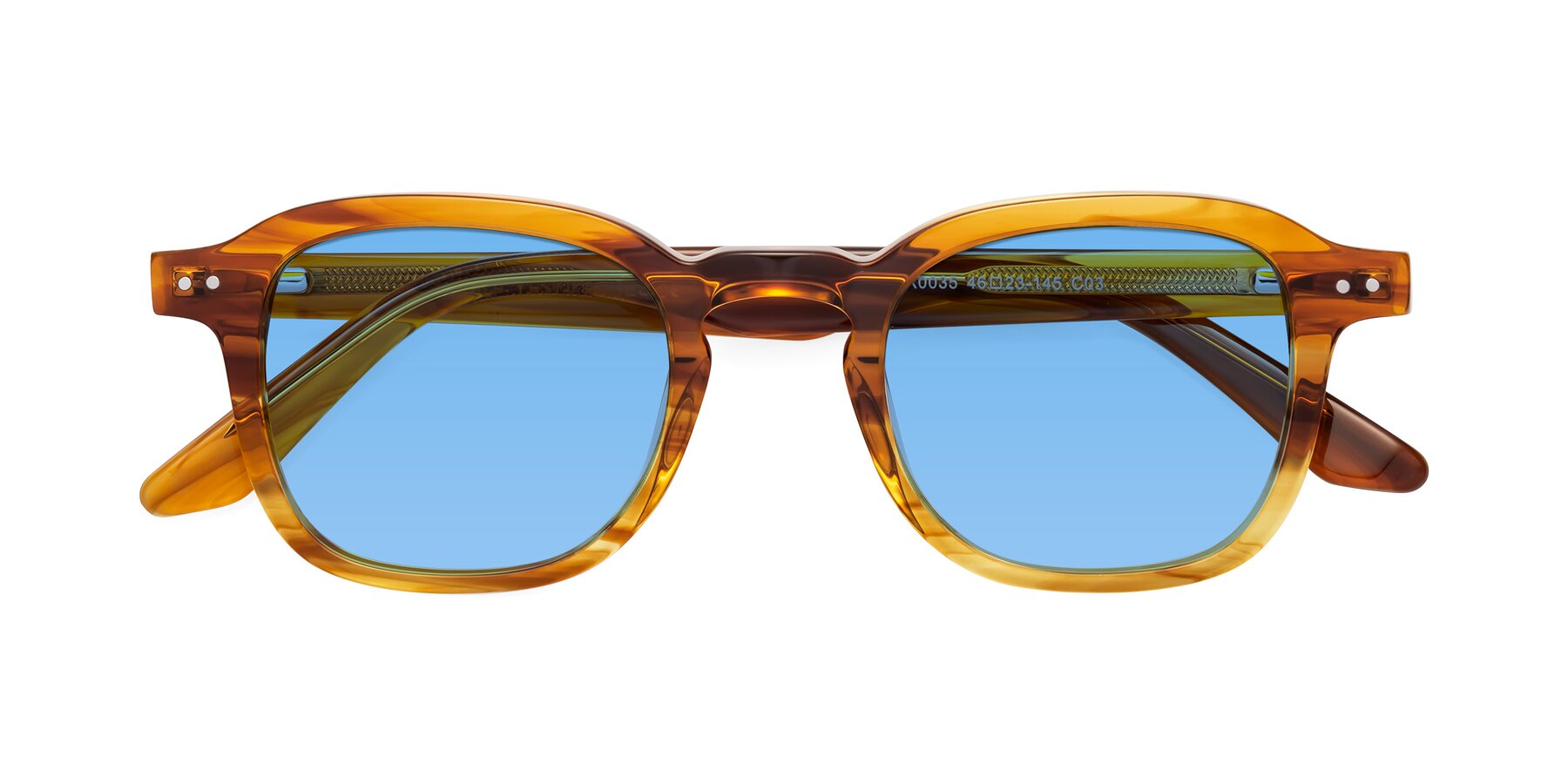 Folded Front of Nice in Striped Amber with Medium Blue Tinted Lenses