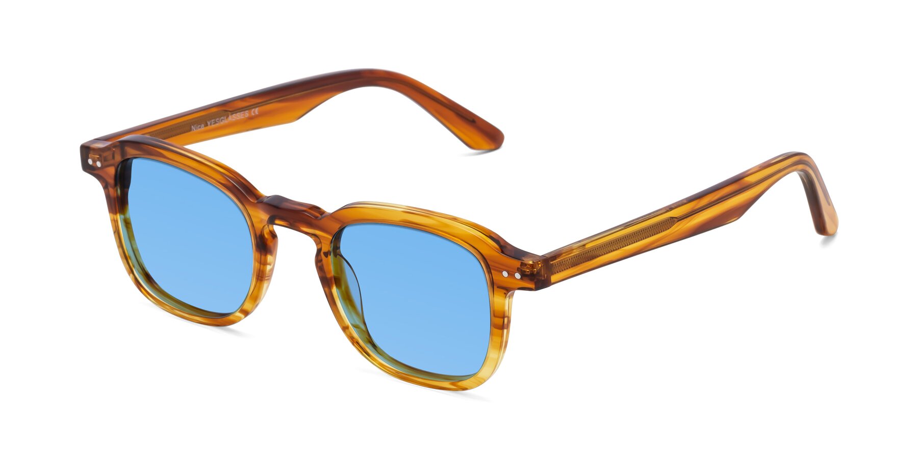 Angle of Nice in Striped Amber with Medium Blue Tinted Lenses