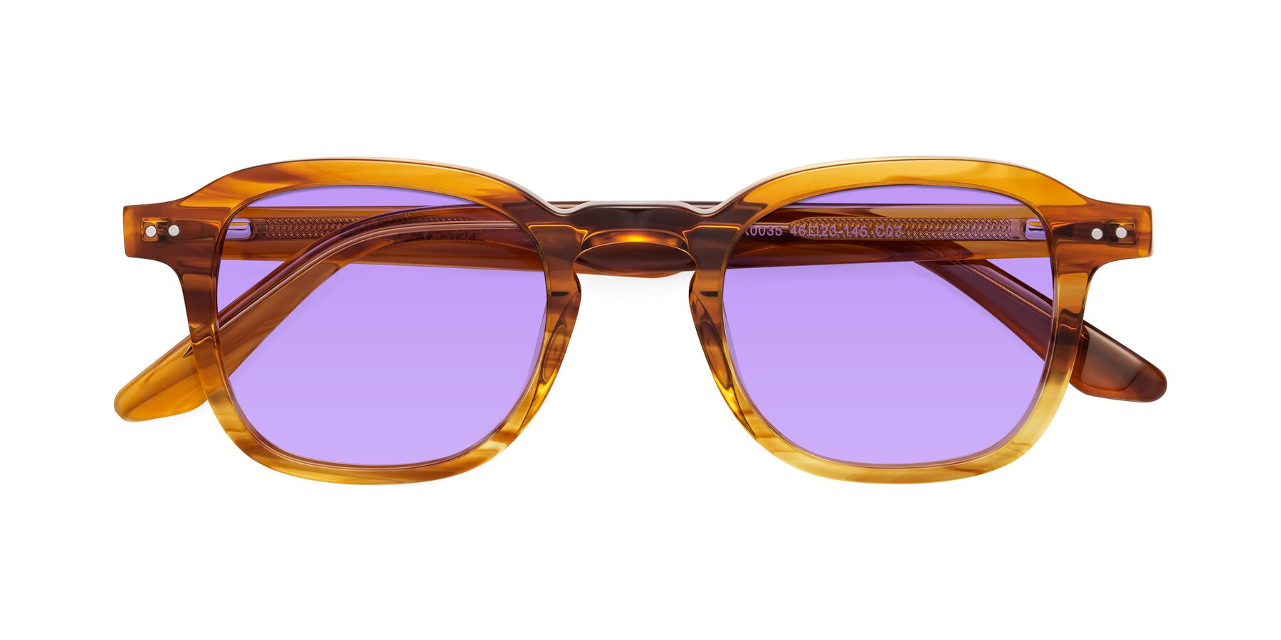 Folded Front of Nice in Striped Amber with Medium Purple Tinted Lenses