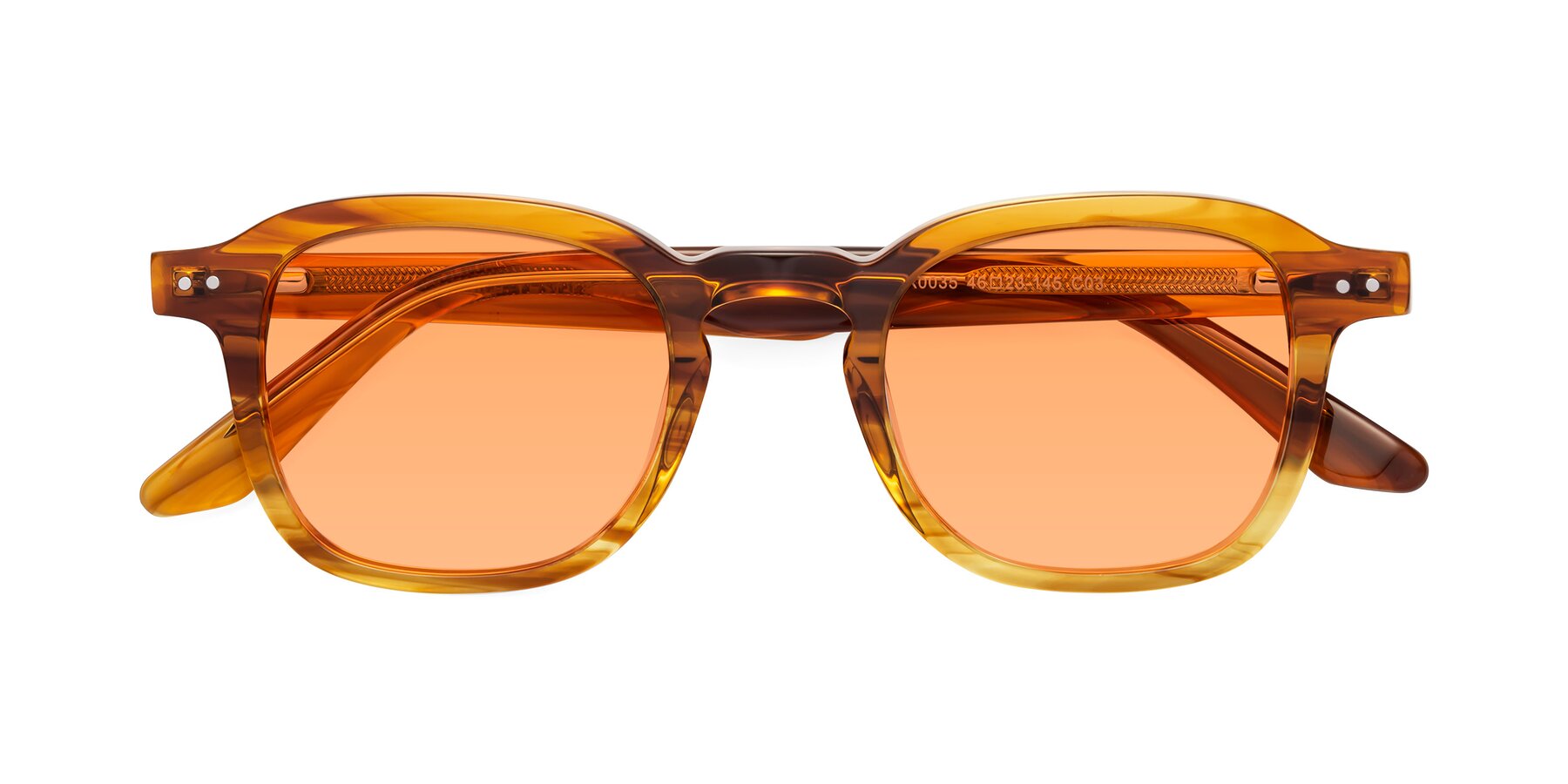 Folded Front of Nice in Striped Amber with Medium Orange Tinted Lenses