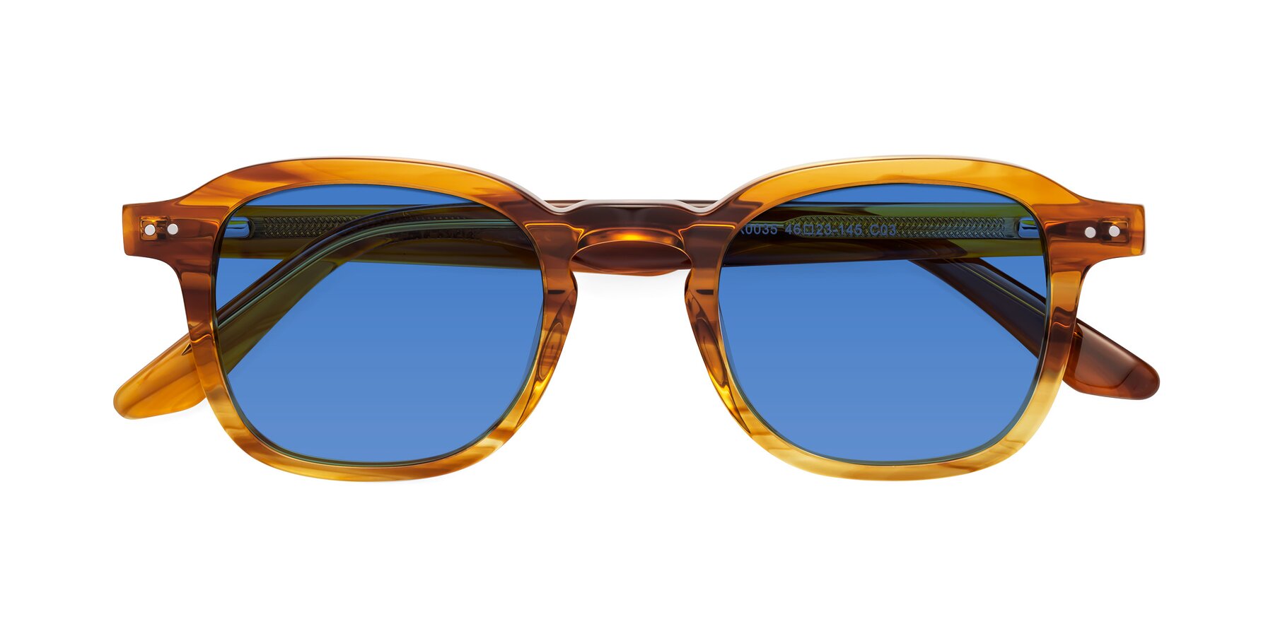 Folded Front of Nice in Striped Amber with Blue Tinted Lenses