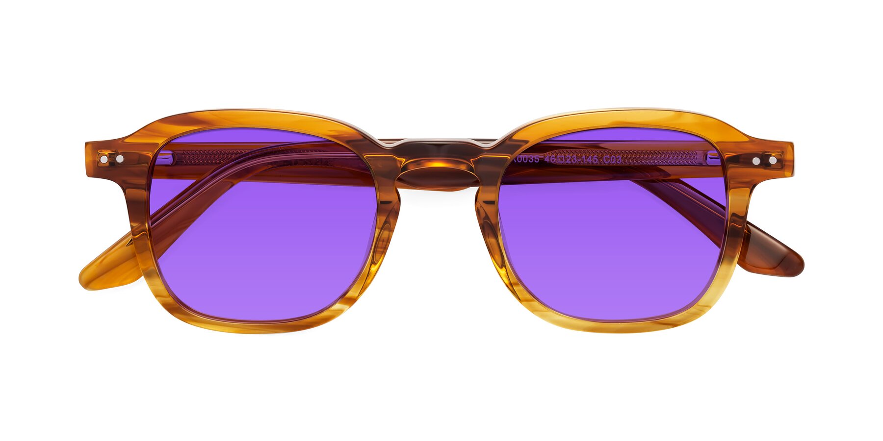 Folded Front of Nice in Striped Amber with Purple Tinted Lenses