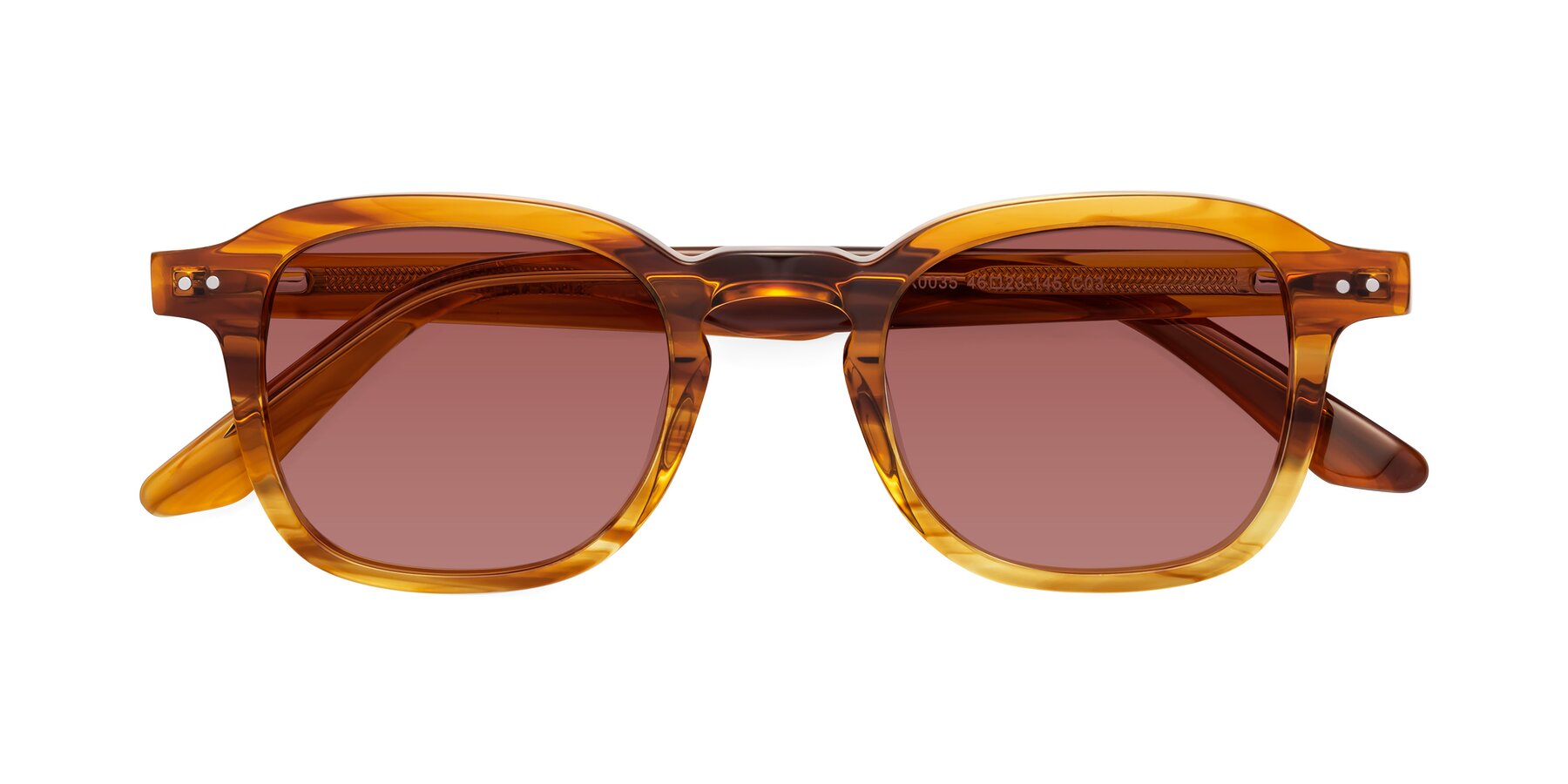 Folded Front of Nice in Striped Amber with Garnet Tinted Lenses